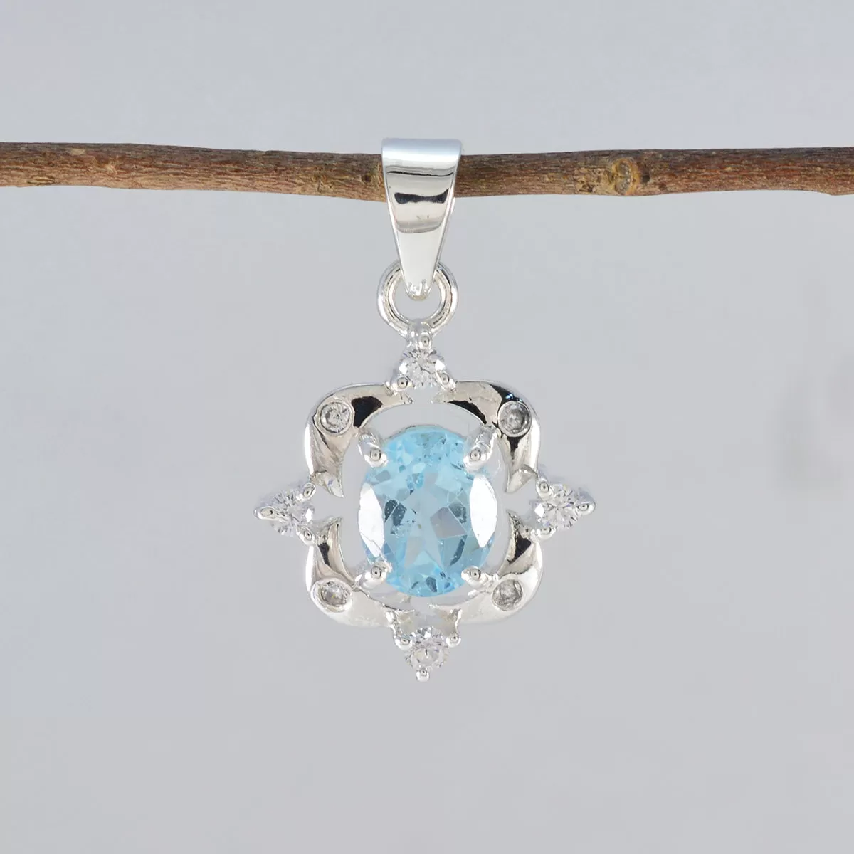 Riyo Beaut Gemstone Oval Faceted Blue Blue Topaz Sterling Silver Pendant Gift For Handmade