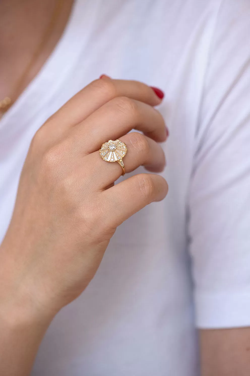 Round Engagement Ring with Long Tapered Baguette Diamonds // the Sun Temple Ring