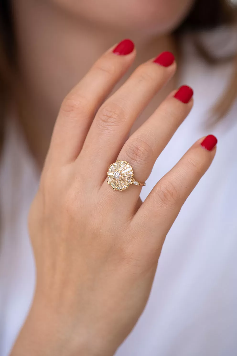 Round Engagement Ring with Long Tapered Baguette Diamonds // the Sun Temple Ring