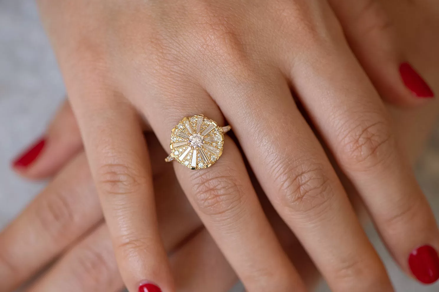 Round Engagement Ring with Long Tapered Baguette Diamonds // the Sun Temple Ring