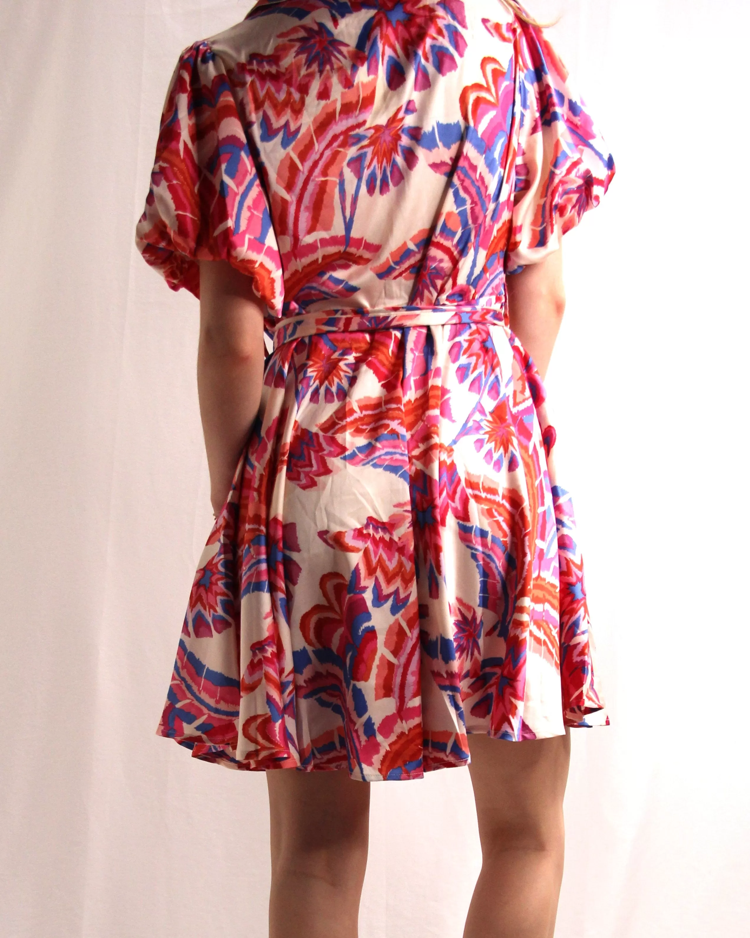 Satin Print Dress with Belted Waist - Off White