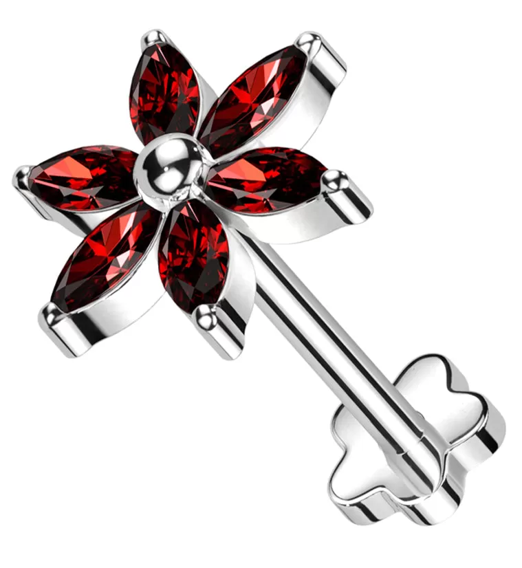 Senary Flower Red CZ Flower Back Threadless Titanium Labret