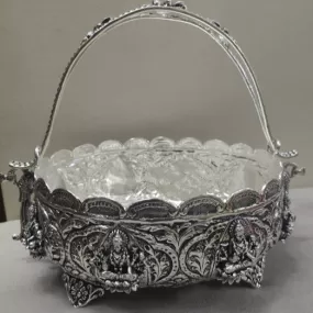 Shankari , Antique finish German Silver Asta Lakshmi Design Flower Basket -SILU001FB