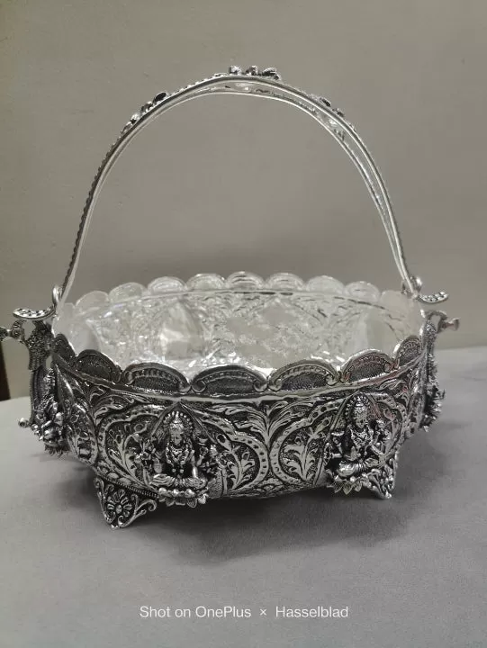 Shankari , Antique finish German Silver Asta Lakshmi Design Flower Basket -SILU001FB