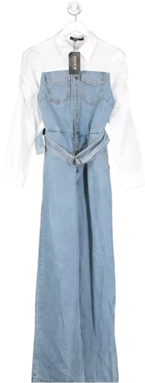 SHEIN Blue Contrast Shirt And Denim Belted Jumpsuit UK S