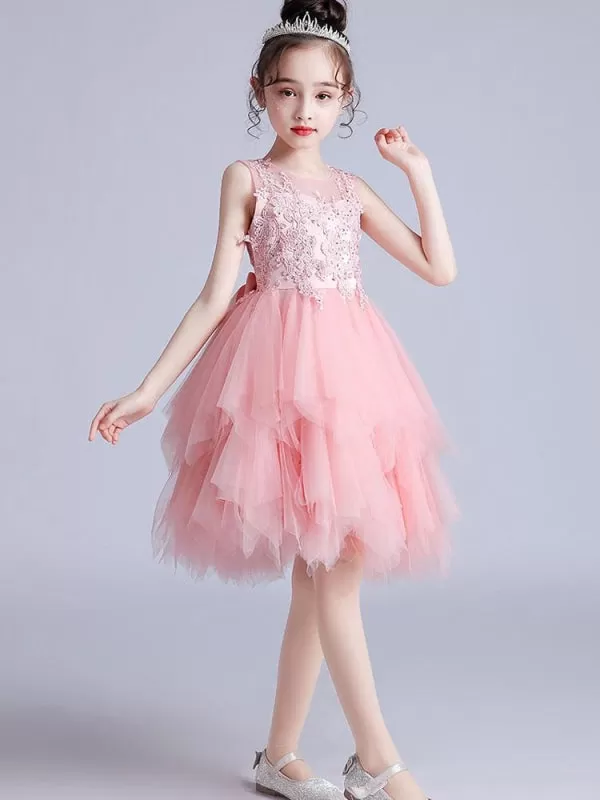 Short Sleeves Knee-Length Princess Flower Girl Dresses Jewel Neck Tulle Silhouette Embroidered Kids Party Dresses