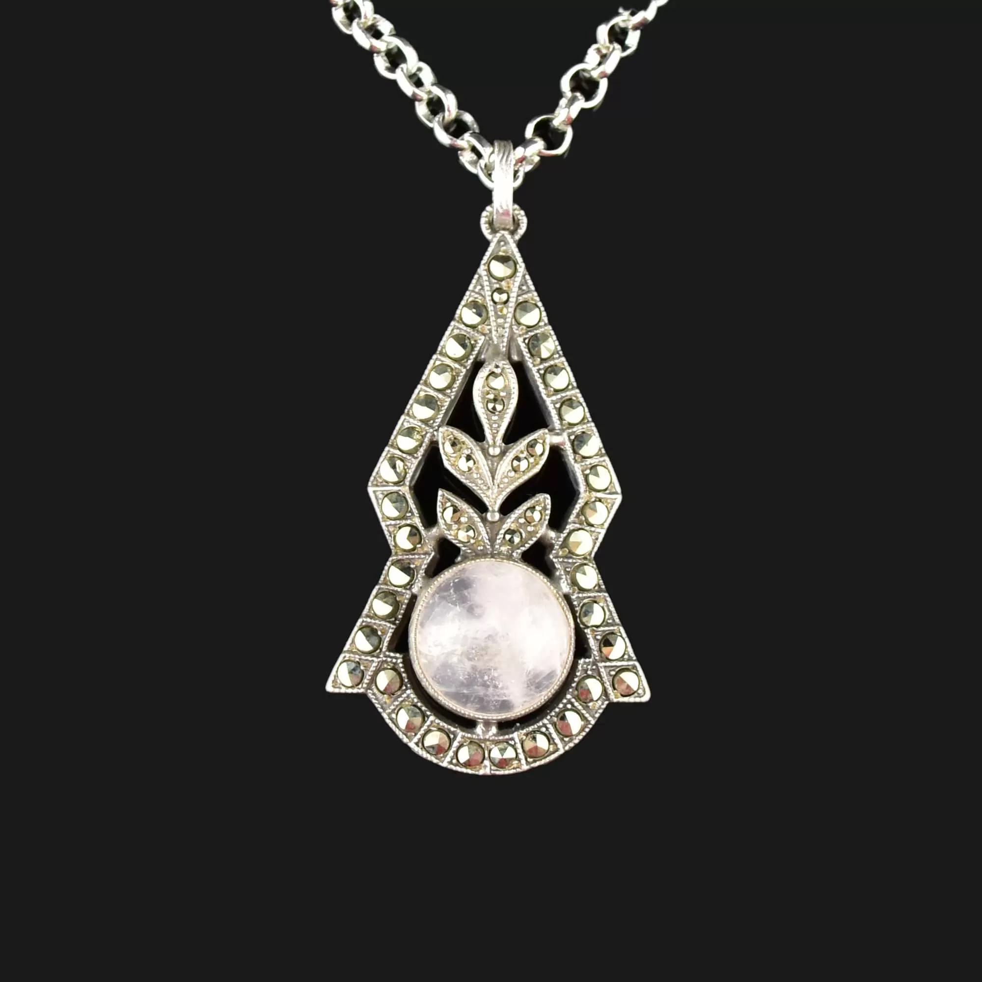 Silver Rose Quartz Marcasite Art Deco Pendant