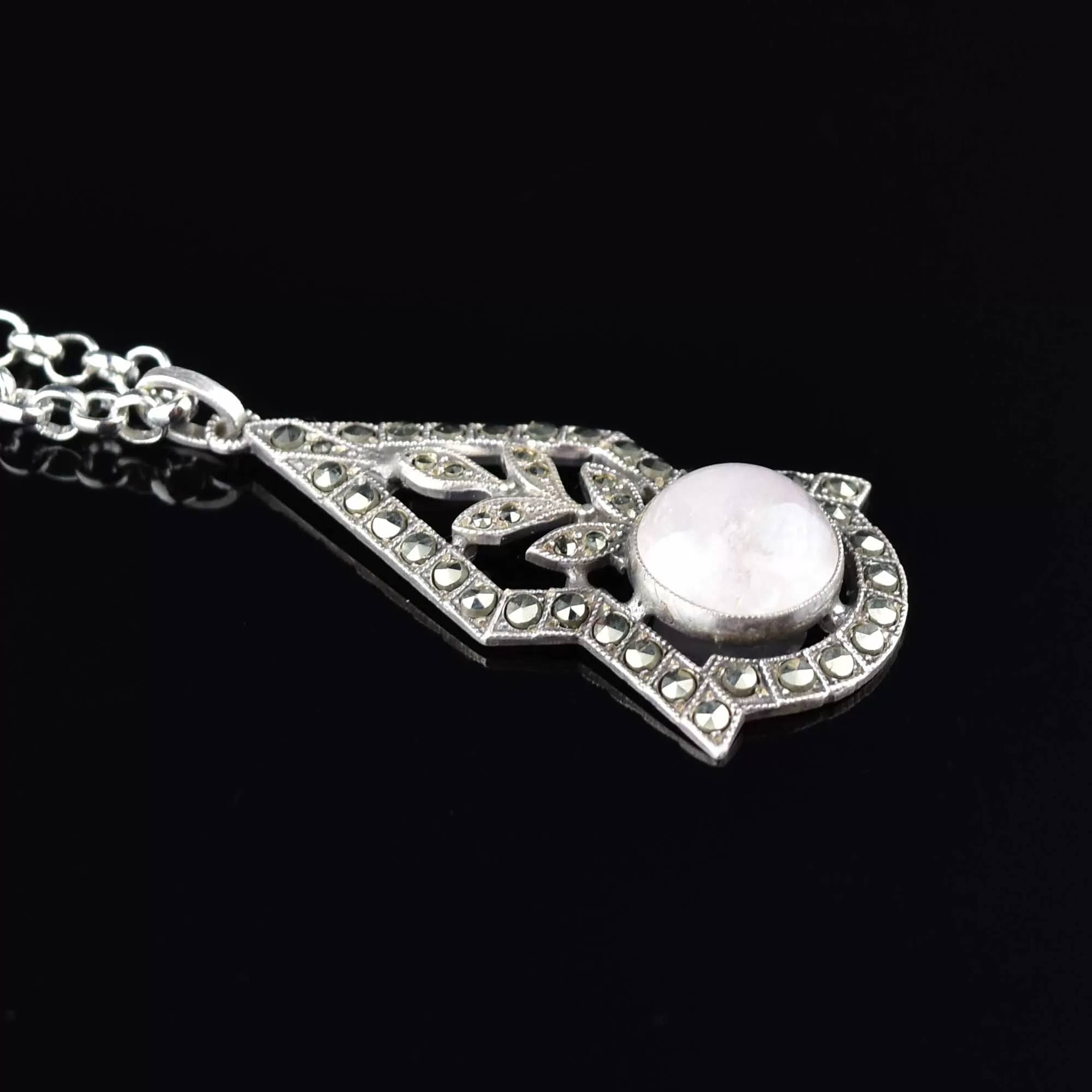 Silver Rose Quartz Marcasite Art Deco Pendant