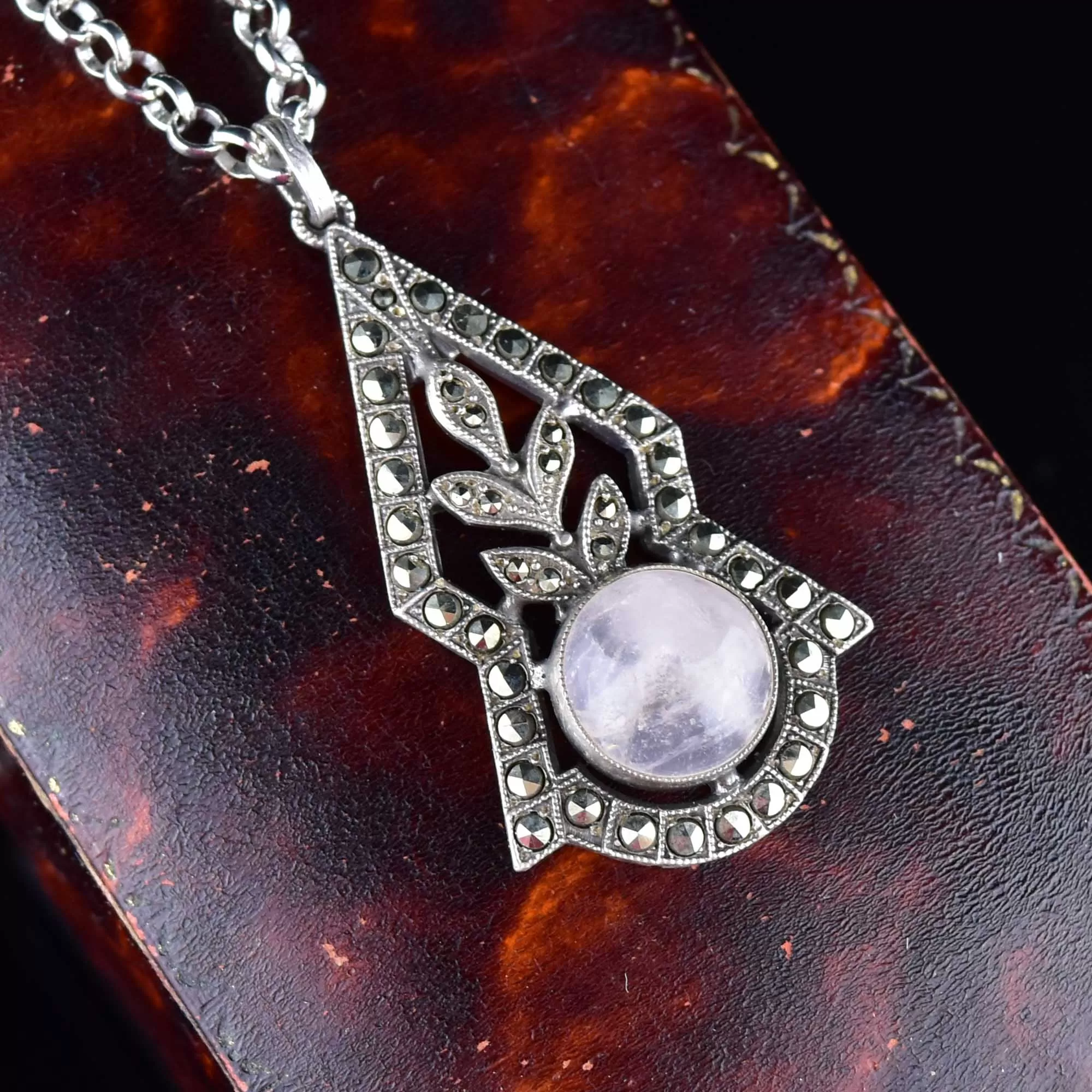 Silver Rose Quartz Marcasite Art Deco Pendant