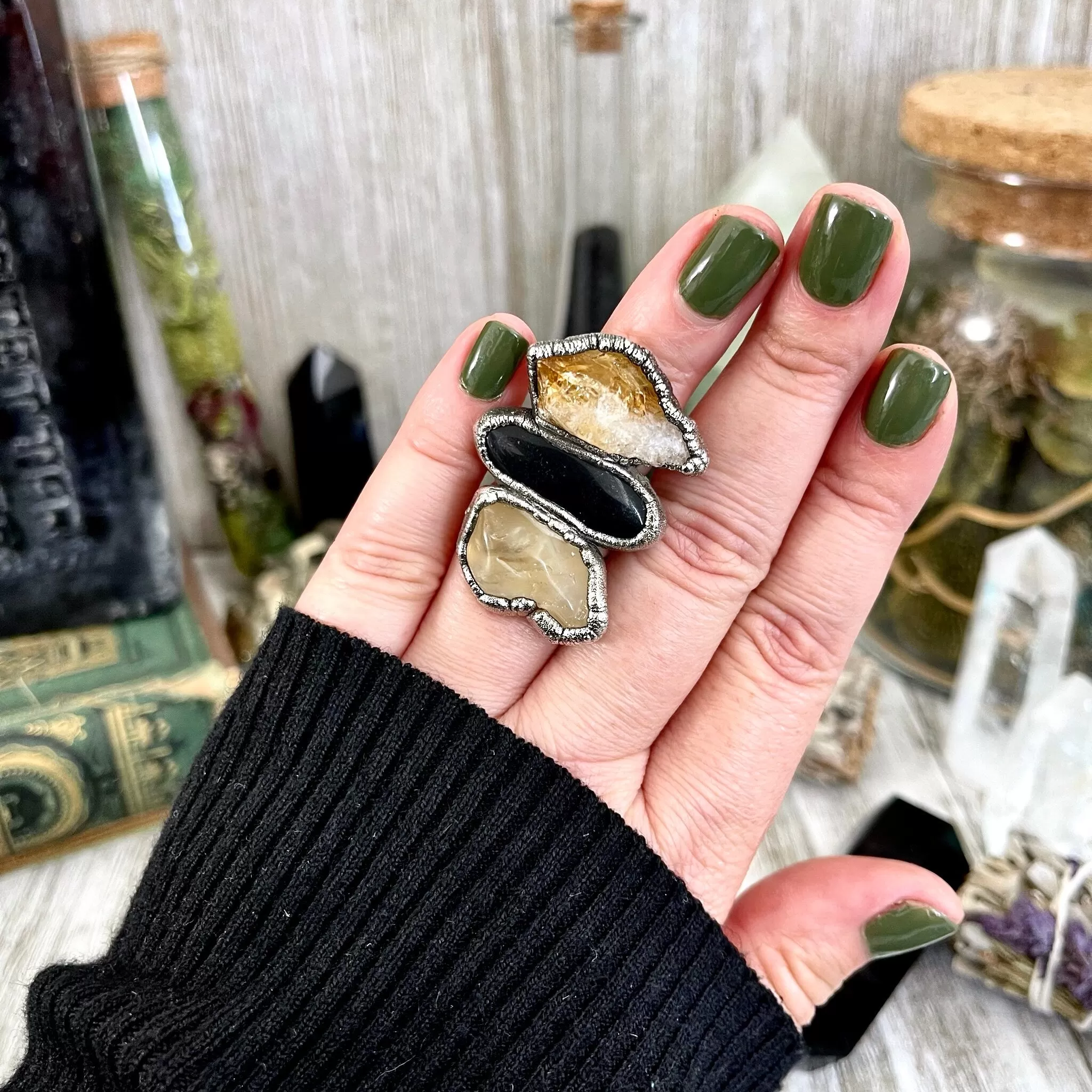 Size 6 Crystal Ring - Three Stone Black Onyx Yellow Citrine Silver Ring / Foxlark Collection - One of a Kind