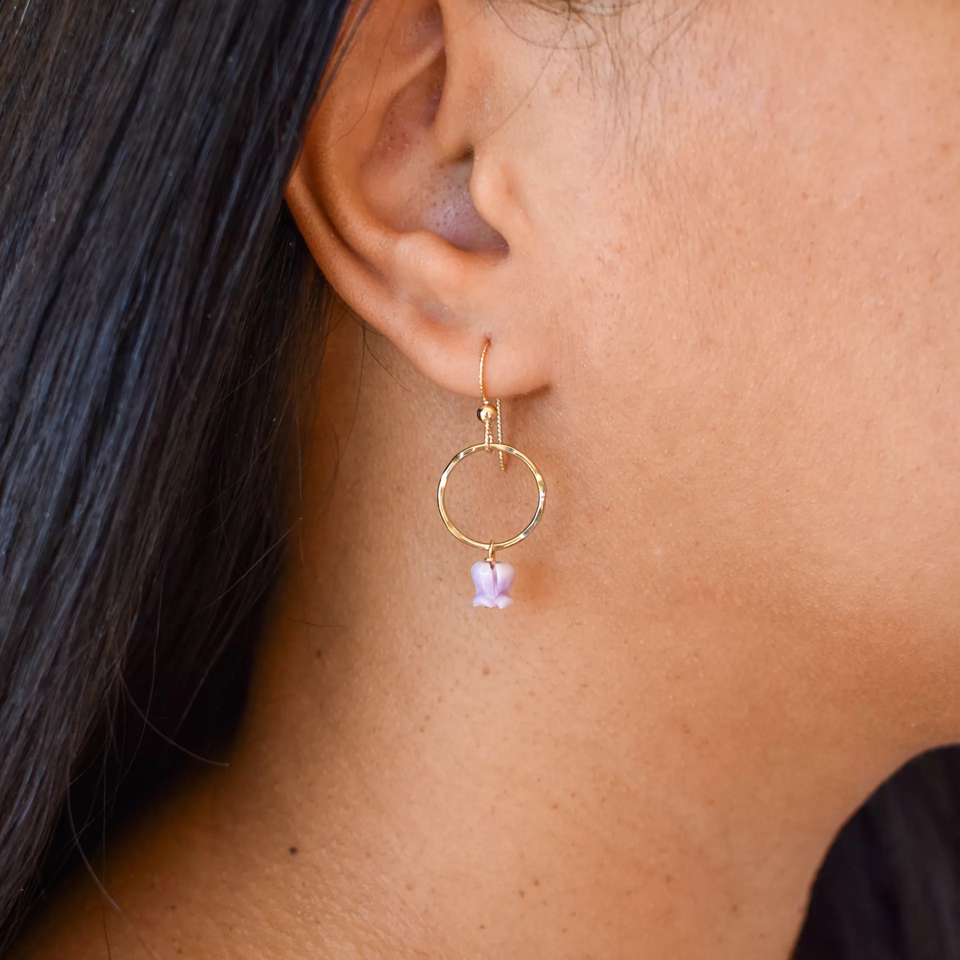 Small Hoop Earrings with Dangling Crown Flower