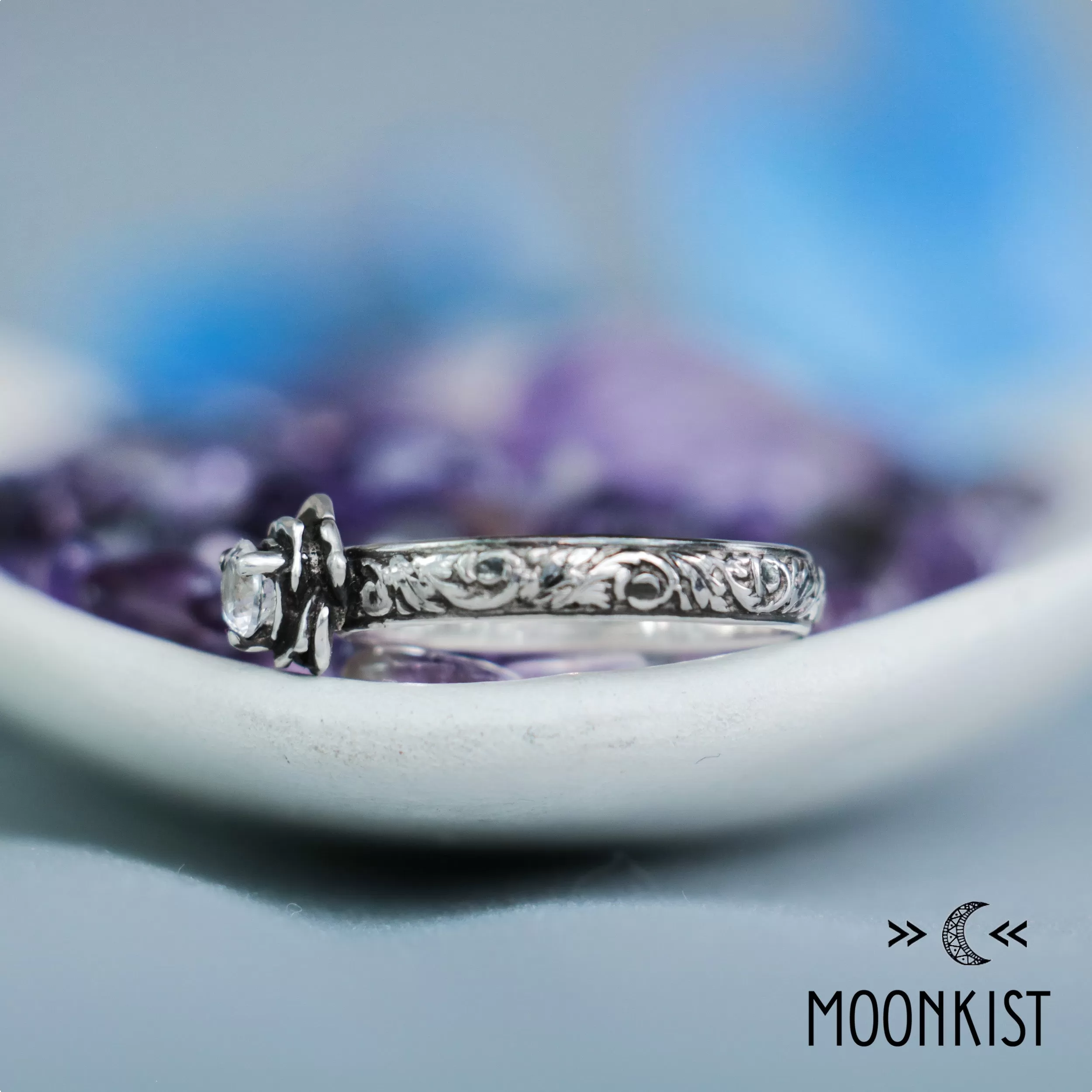 Sterling Silver Moissanite Rose Engagement Ring | Moonkist Designs