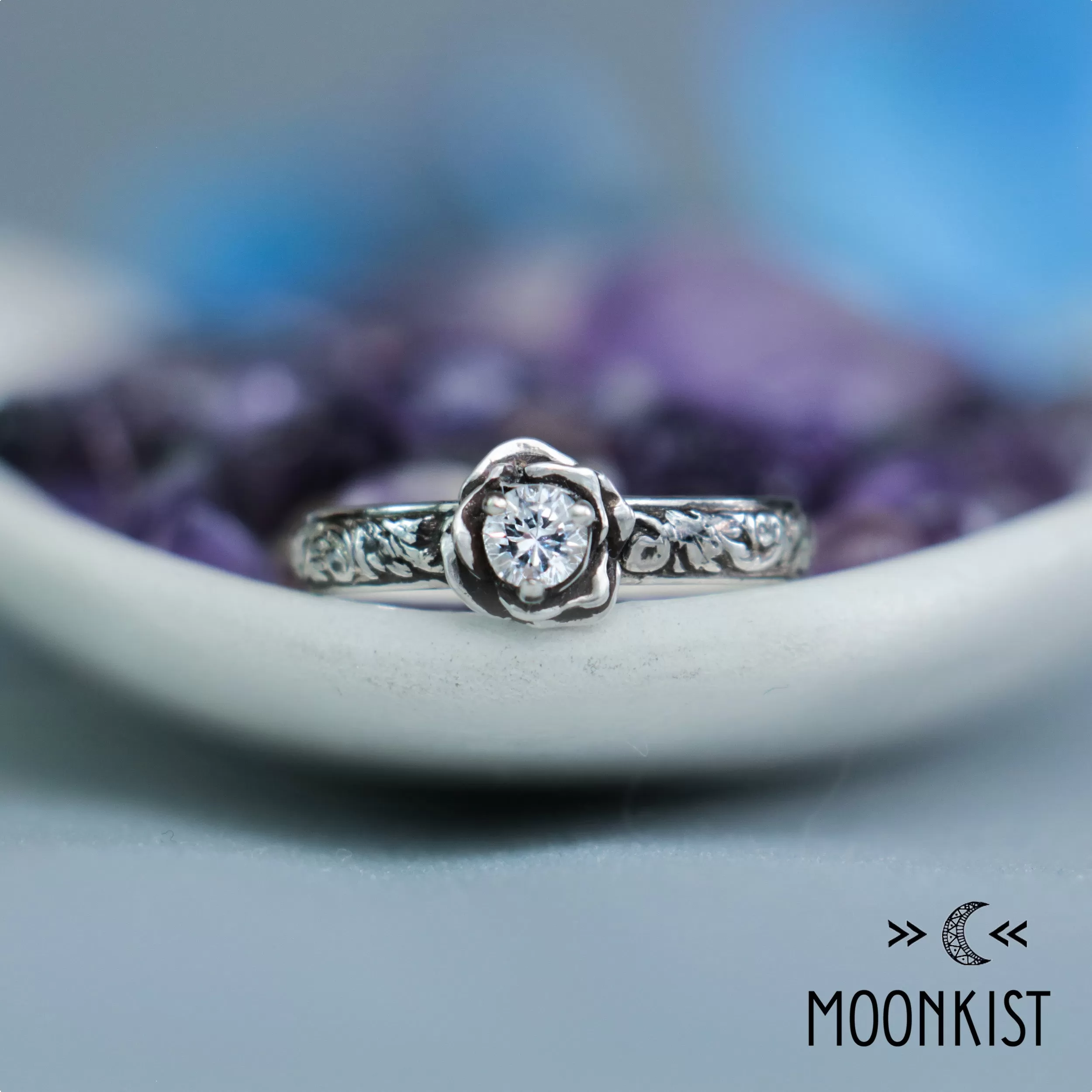 Sterling Silver Moissanite Rose Engagement Ring | Moonkist Designs