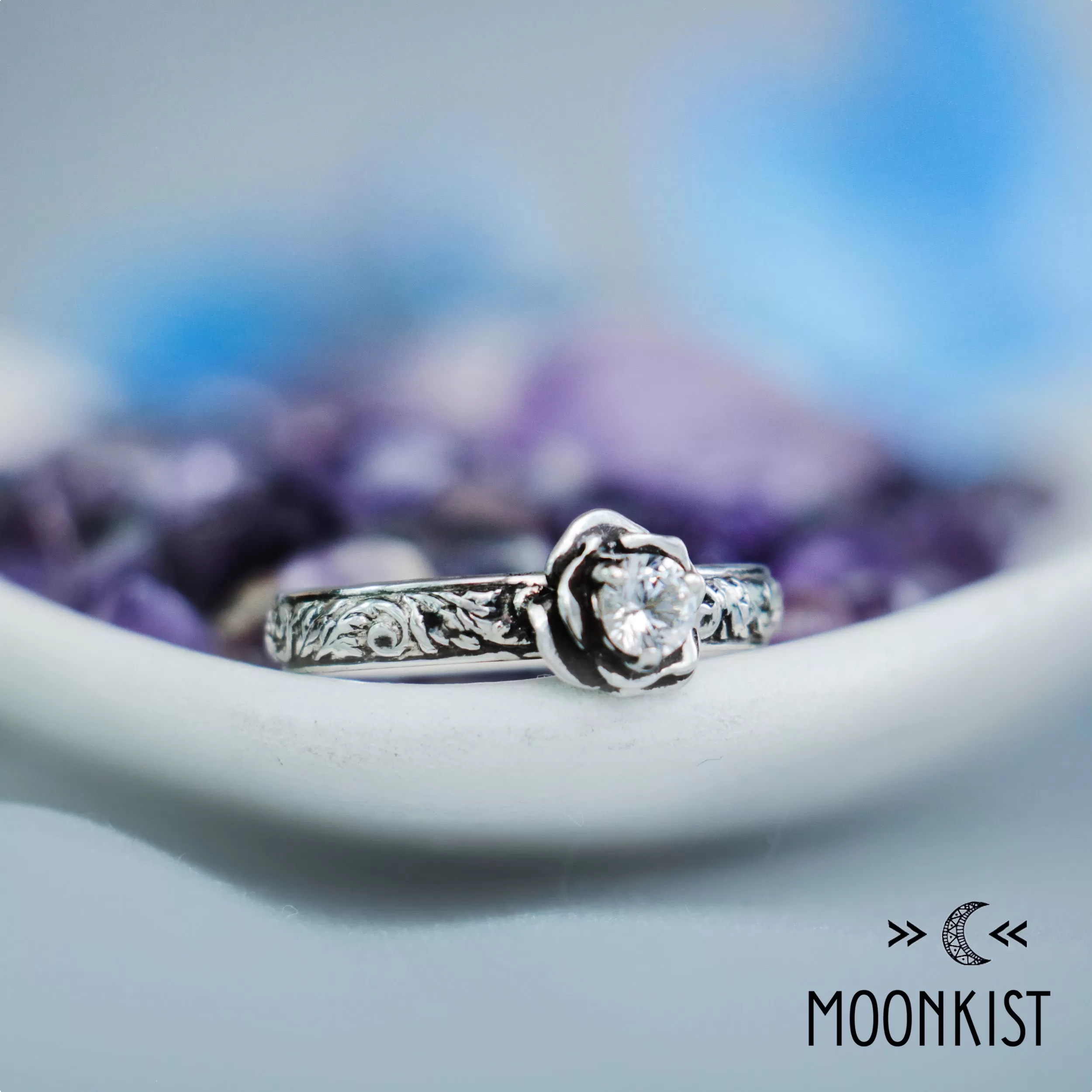 Sterling Silver Moissanite Rose Engagement Ring | Moonkist Designs