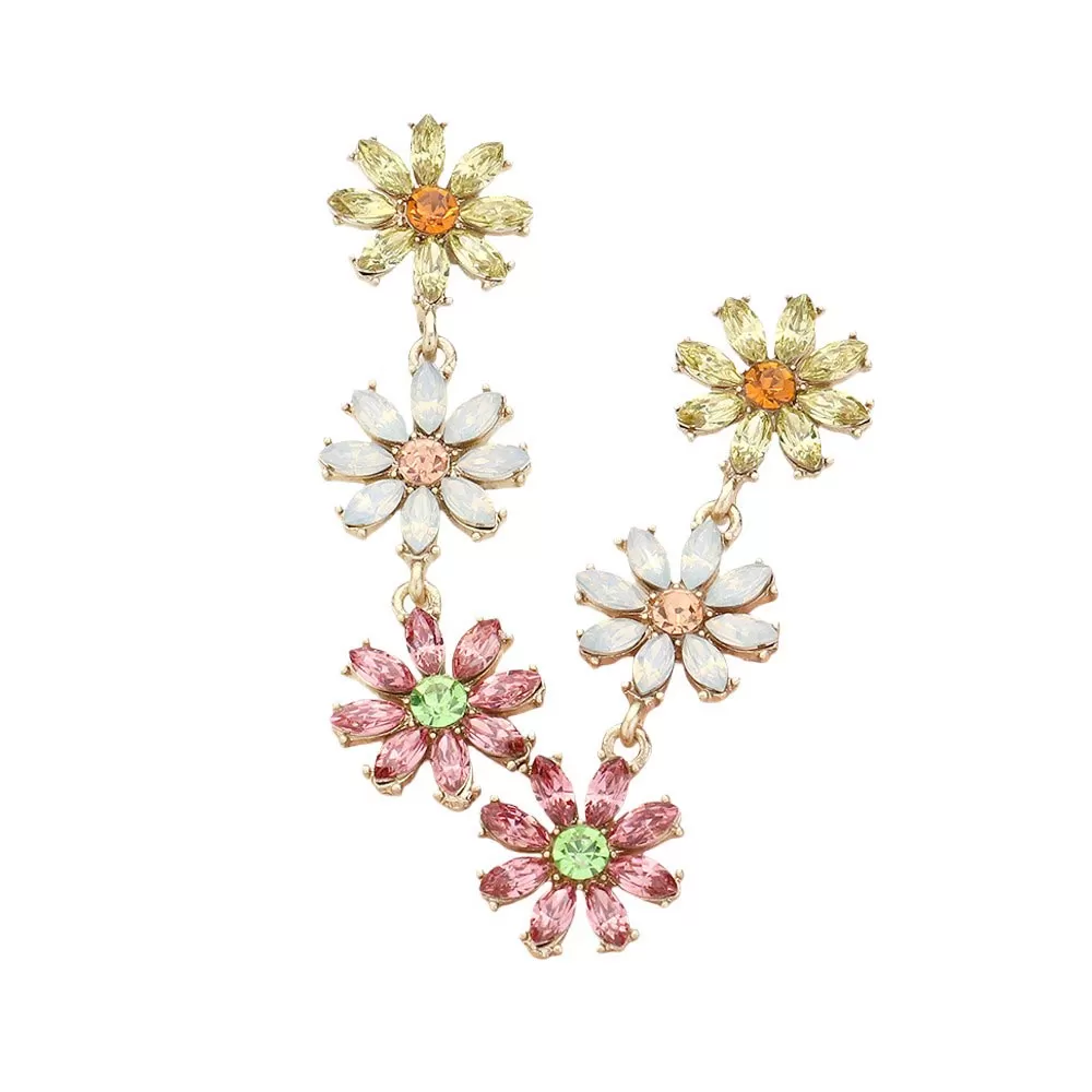 Stone Cluster Triple Flower Link Dropdown Earrings