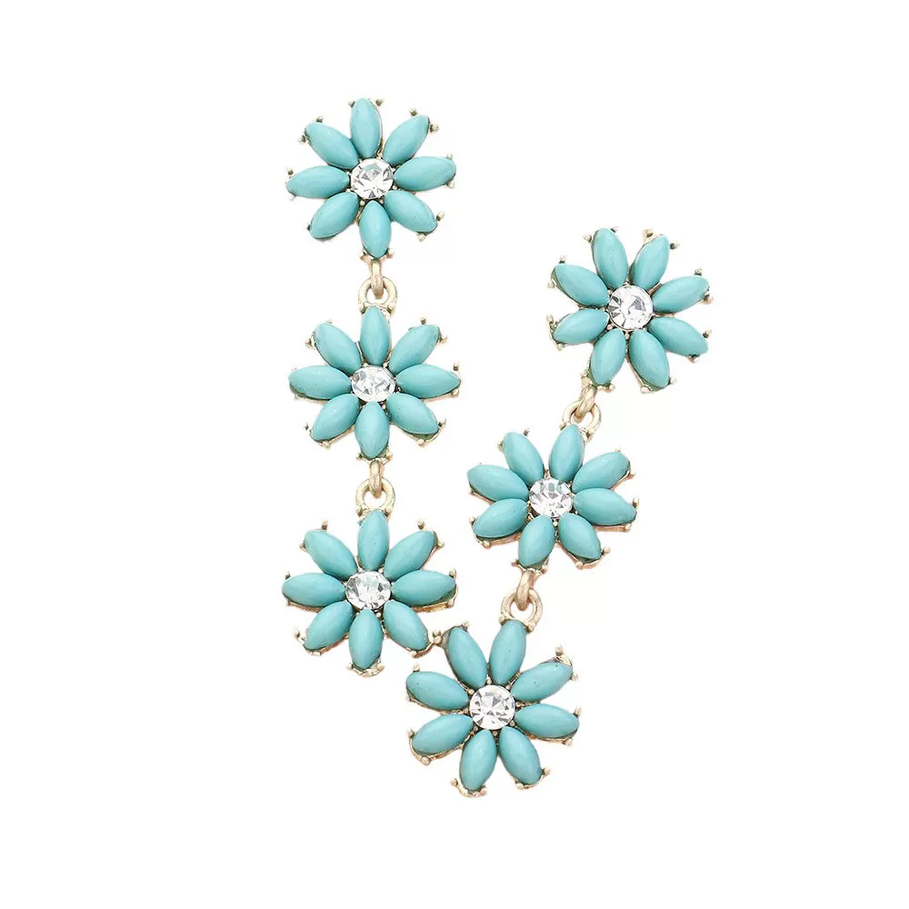 Stone Cluster Triple Flower Link Dropdown Earrings