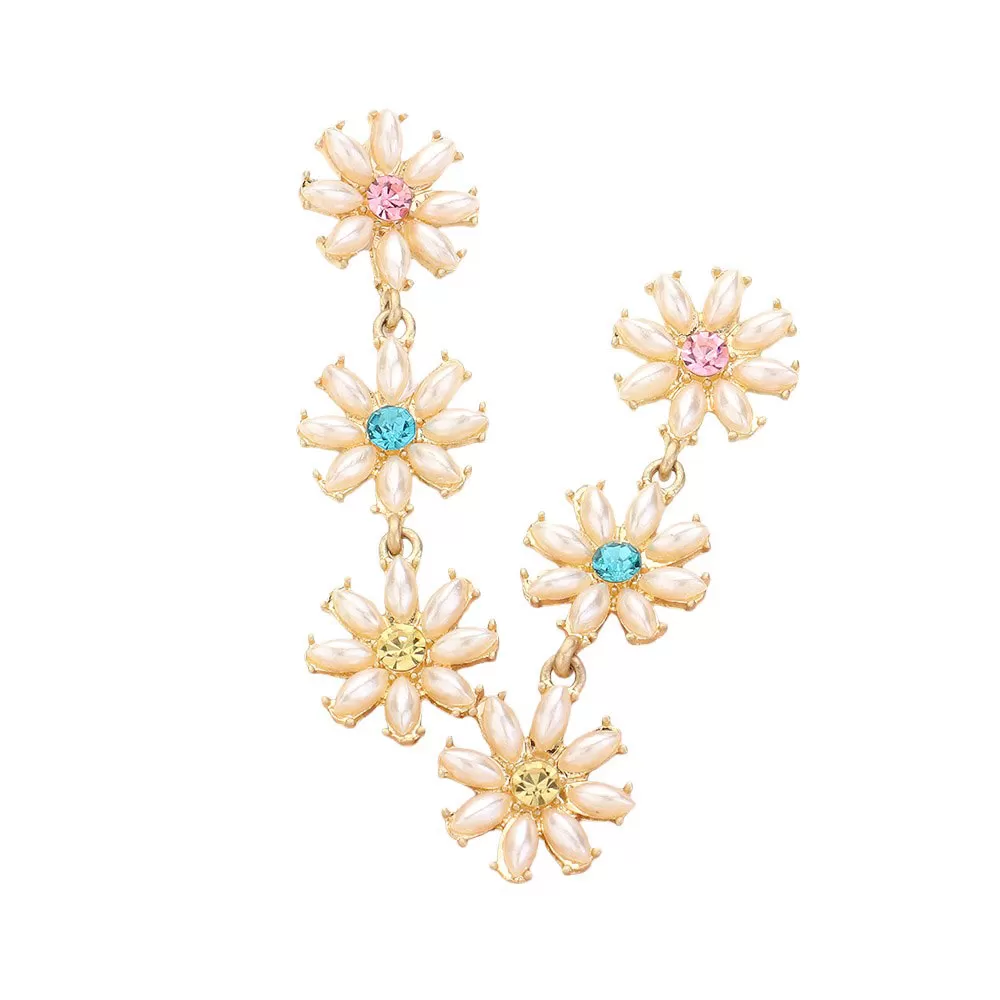 Stone Cluster Triple Flower Link Dropdown Earrings