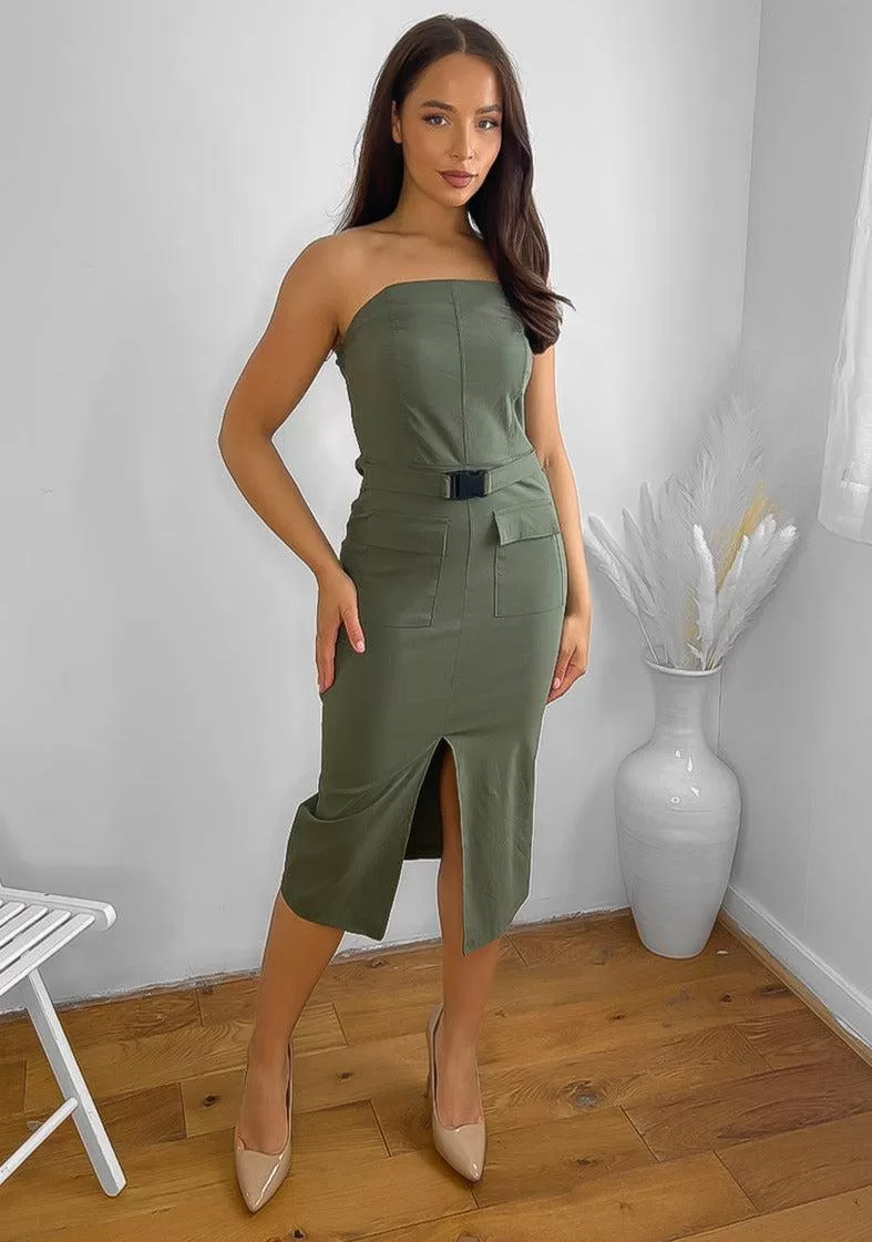 STRETCHY BANDEAU BELTED SLIT CARGO DRESS