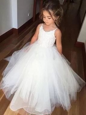 Stylish White Tulle Floral Flower Girl Dresses Sleeveless Lace Kids Party Dresses