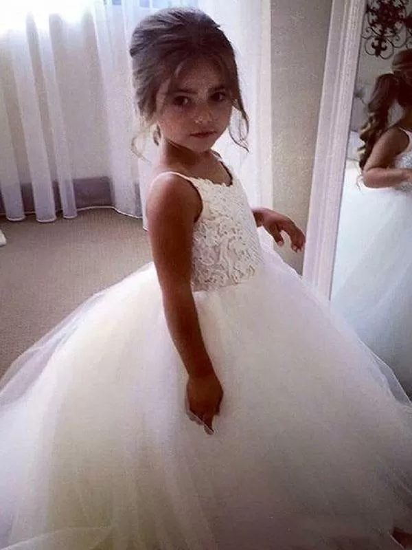 Stylish White Tulle Floral Flower Girl Dresses Sleeveless Lace Kids Party Dresses