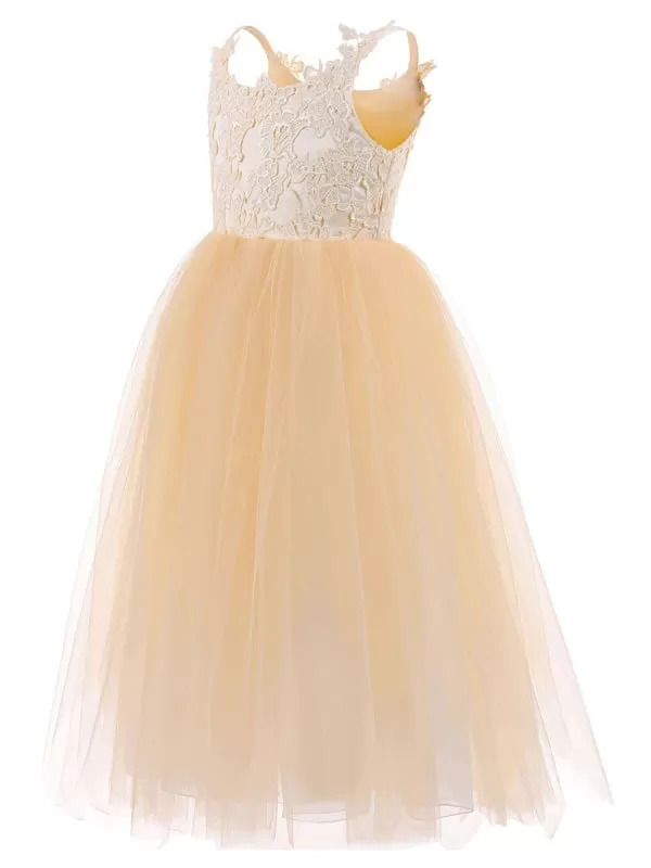 Stylish White Tulle Floral Flower Girl Dresses Sleeveless Lace Kids Party Dresses