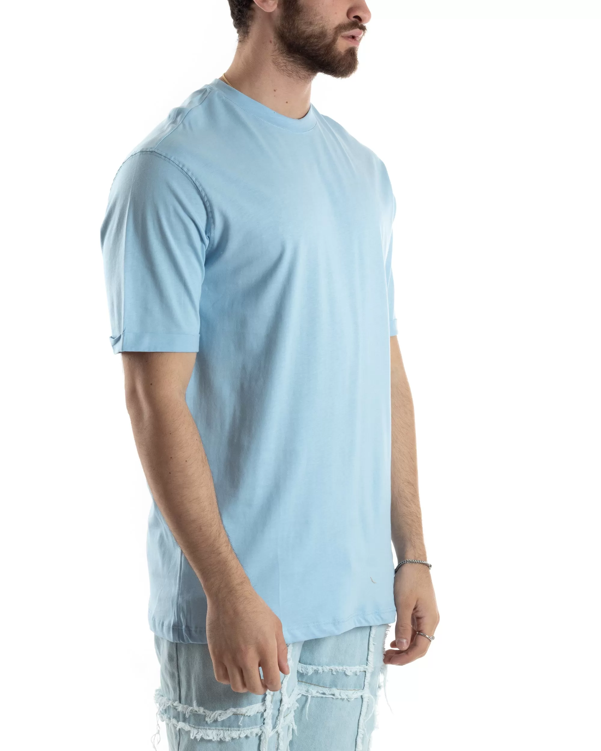 T-shirt Uomo Girocollo Basic Casual Regular Fit Tinta Unita Celeste GIOSAL-TS3062A