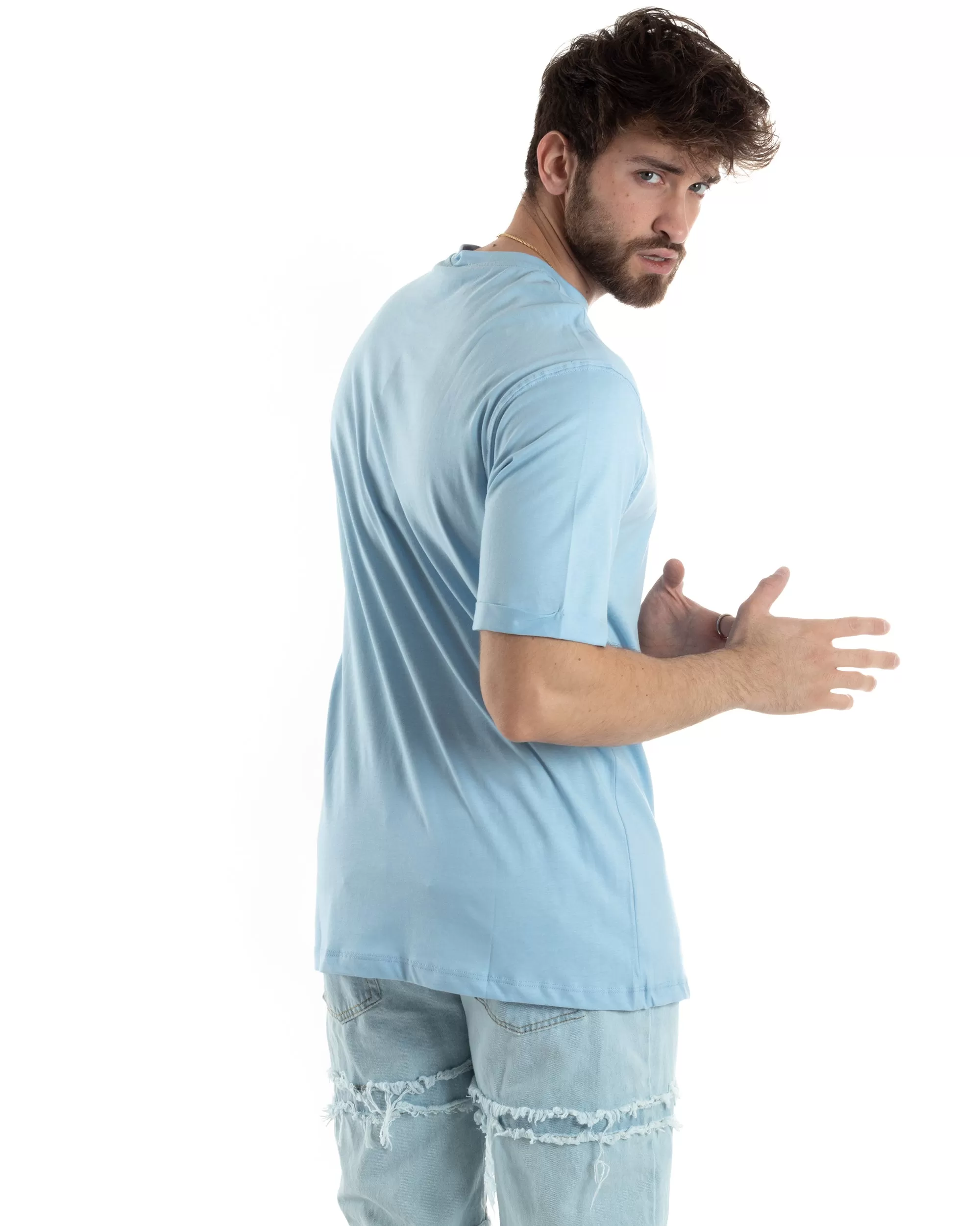 T-shirt Uomo Girocollo Basic Casual Regular Fit Tinta Unita Celeste GIOSAL-TS3062A