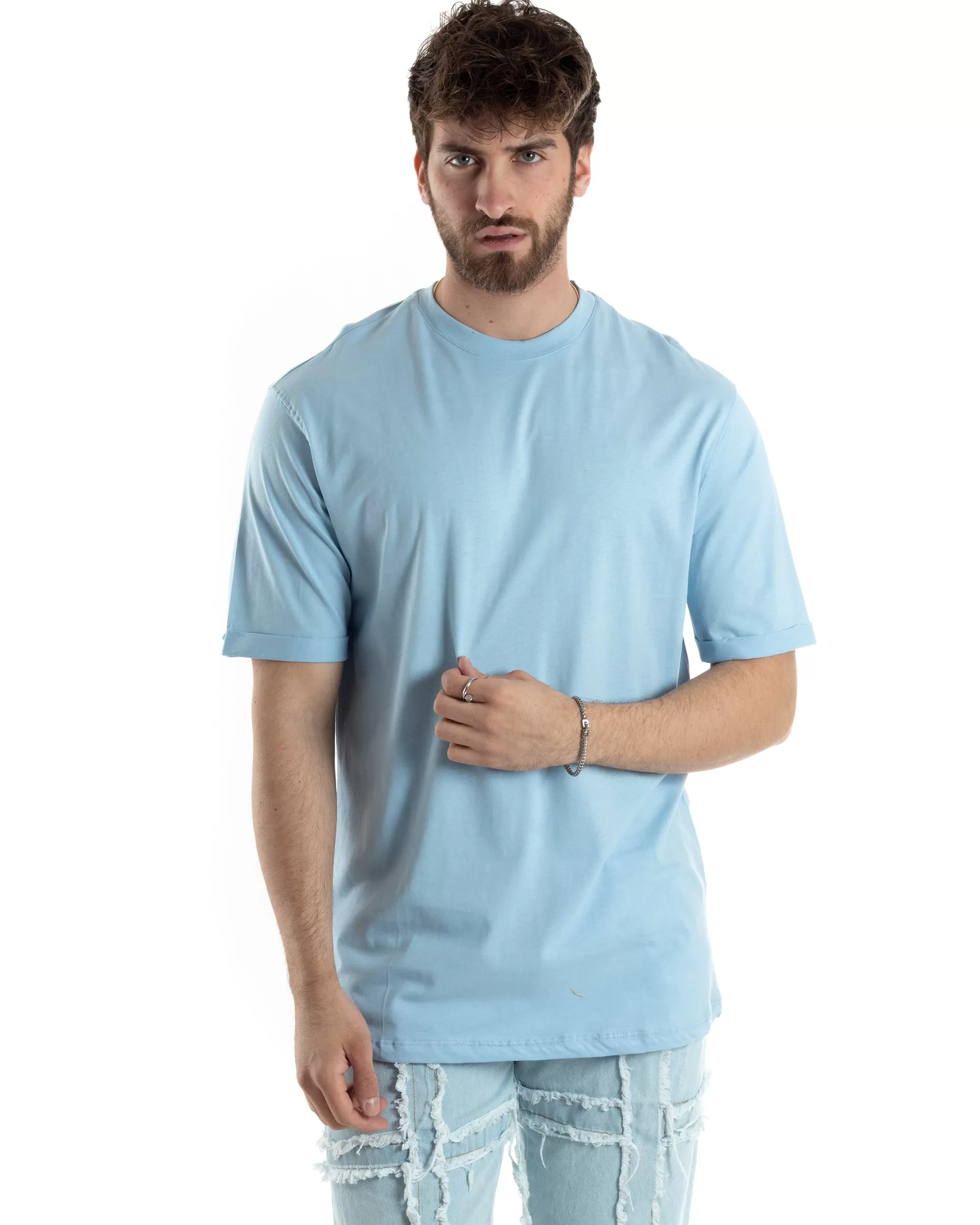 T-shirt Uomo Girocollo Basic Casual Regular Fit Tinta Unita Celeste GIOSAL-TS3062A