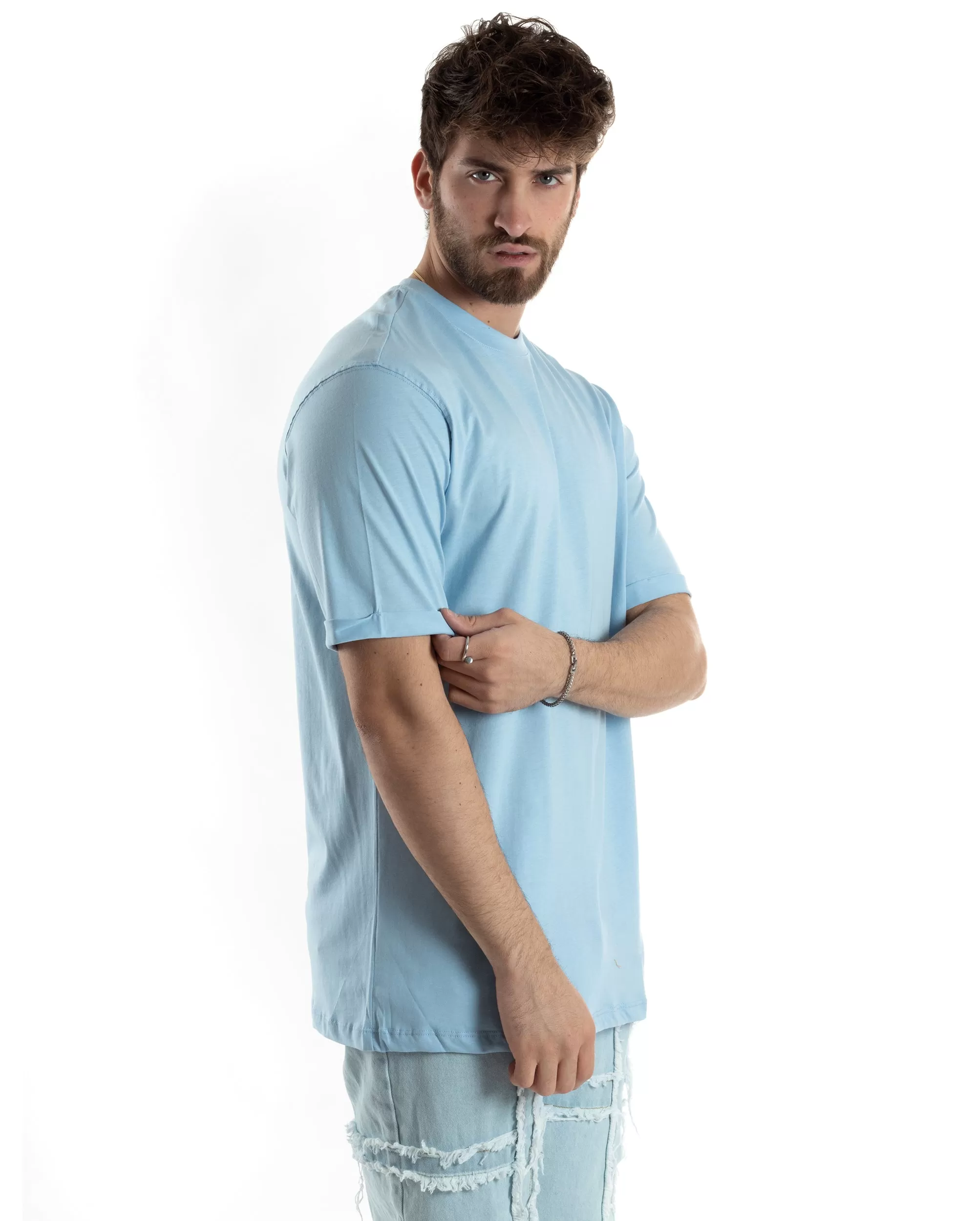 T-shirt Uomo Girocollo Basic Casual Regular Fit Tinta Unita Celeste GIOSAL-TS3062A