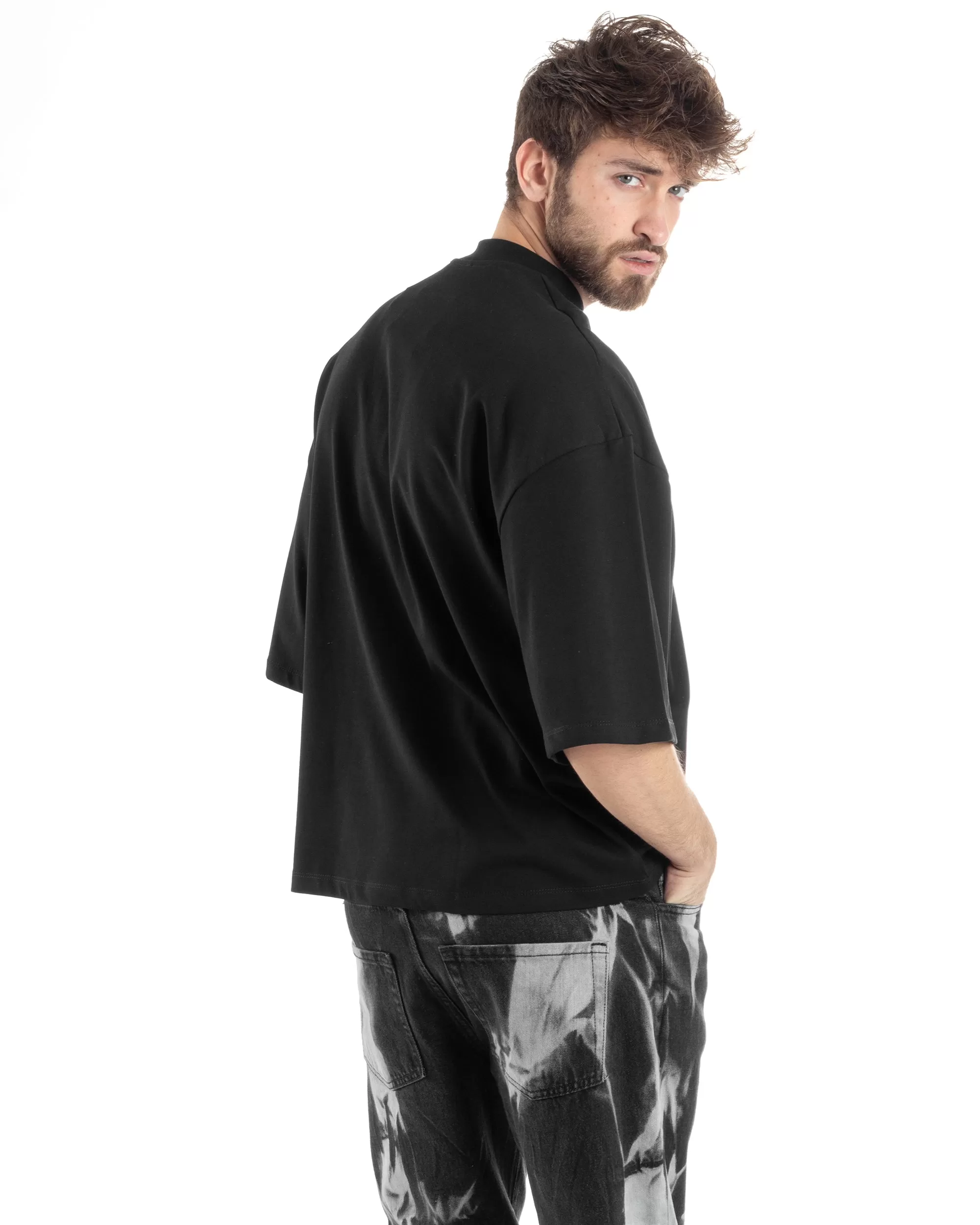 T-shirt Uomo Girocollo Boxy Fit Oversize Cotone Spalla Scesa Gola Alta Casual Basic Nero GIOSAL-TS3023A