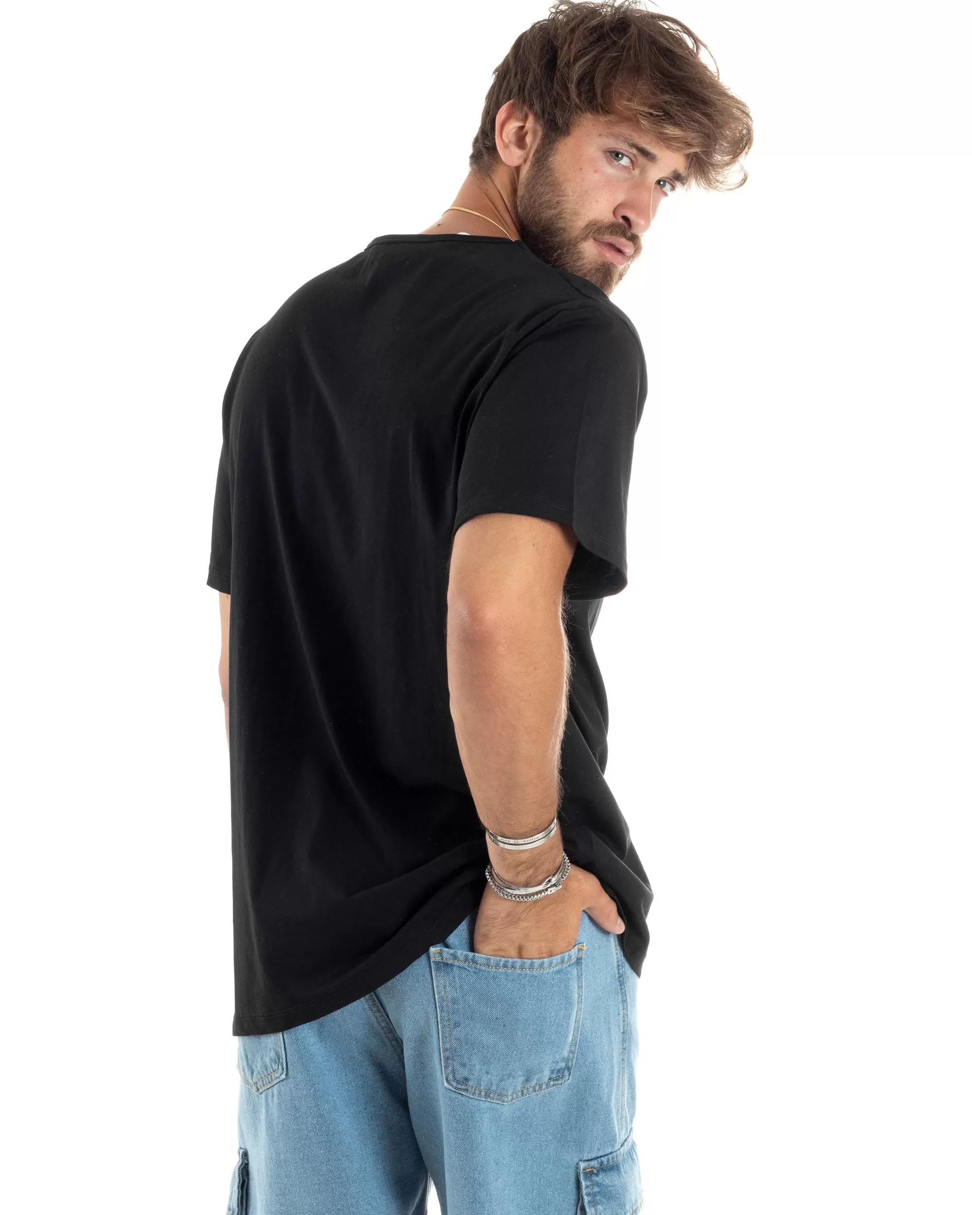 T-shirt Uomo Mezze Maniche Scollo Ampio Rotondo Scollo Profondo Sottogiacca Basic Casual Regular Fit Tinta Unita Nero GIOSAL-TS3074A