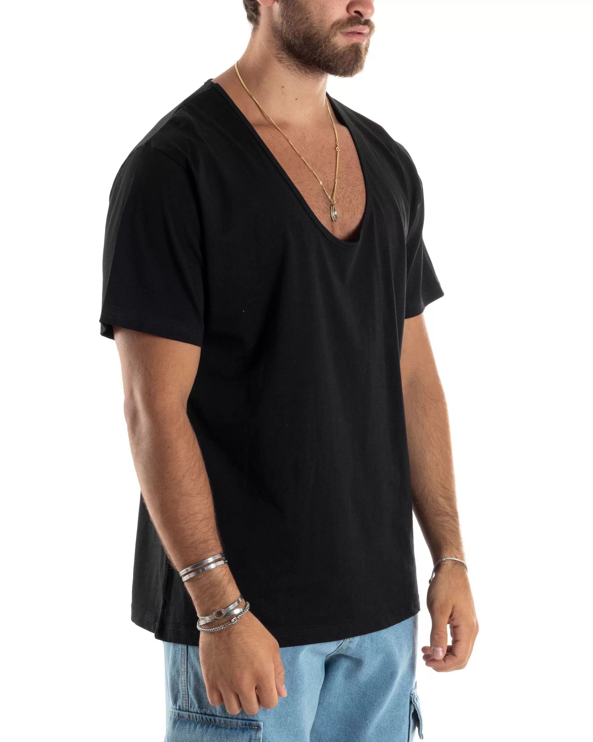 T-shirt Uomo Mezze Maniche Scollo Ampio Rotondo Scollo Profondo Sottogiacca Basic Casual Regular Fit Tinta Unita Nero GIOSAL-TS3074A