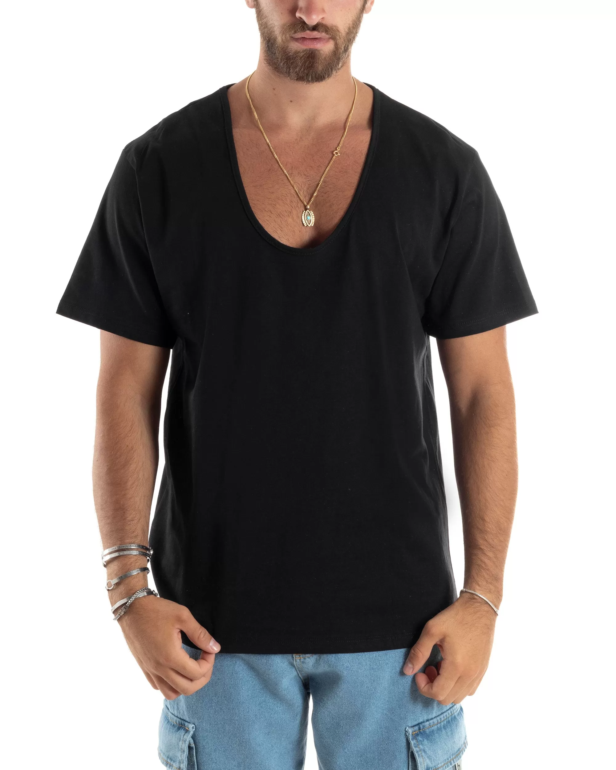 T-shirt Uomo Mezze Maniche Scollo Ampio Rotondo Scollo Profondo Sottogiacca Basic Casual Regular Fit Tinta Unita Nero GIOSAL-TS3074A