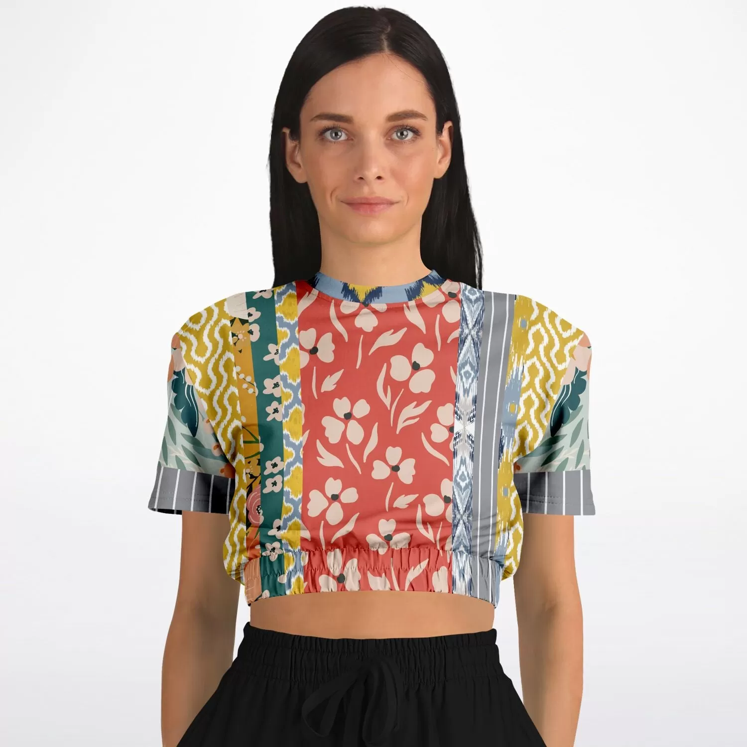 Tallulah Bankhead Yellow Patchwork Short Sleeve Cropped Eco-Poly Sweater