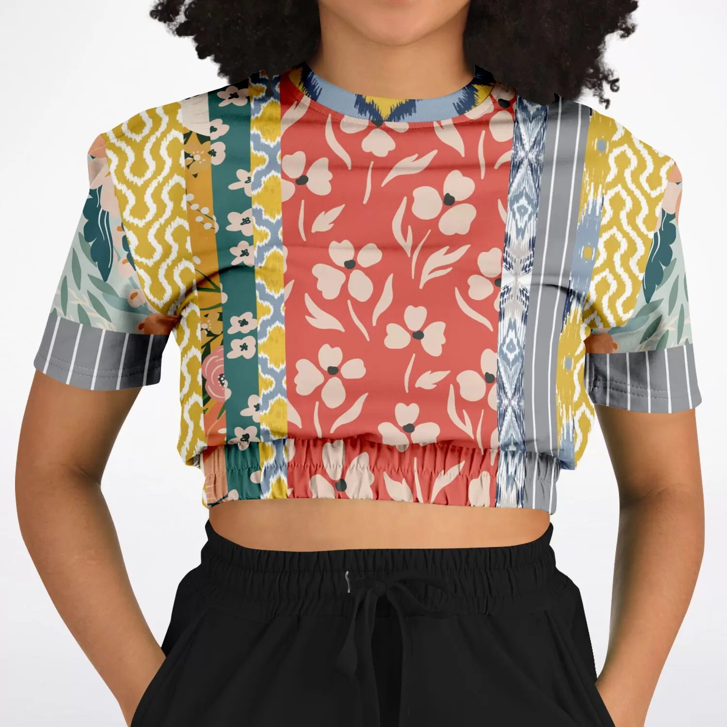 Tallulah Bankhead Yellow Patchwork Short Sleeve Cropped Eco-Poly Sweater