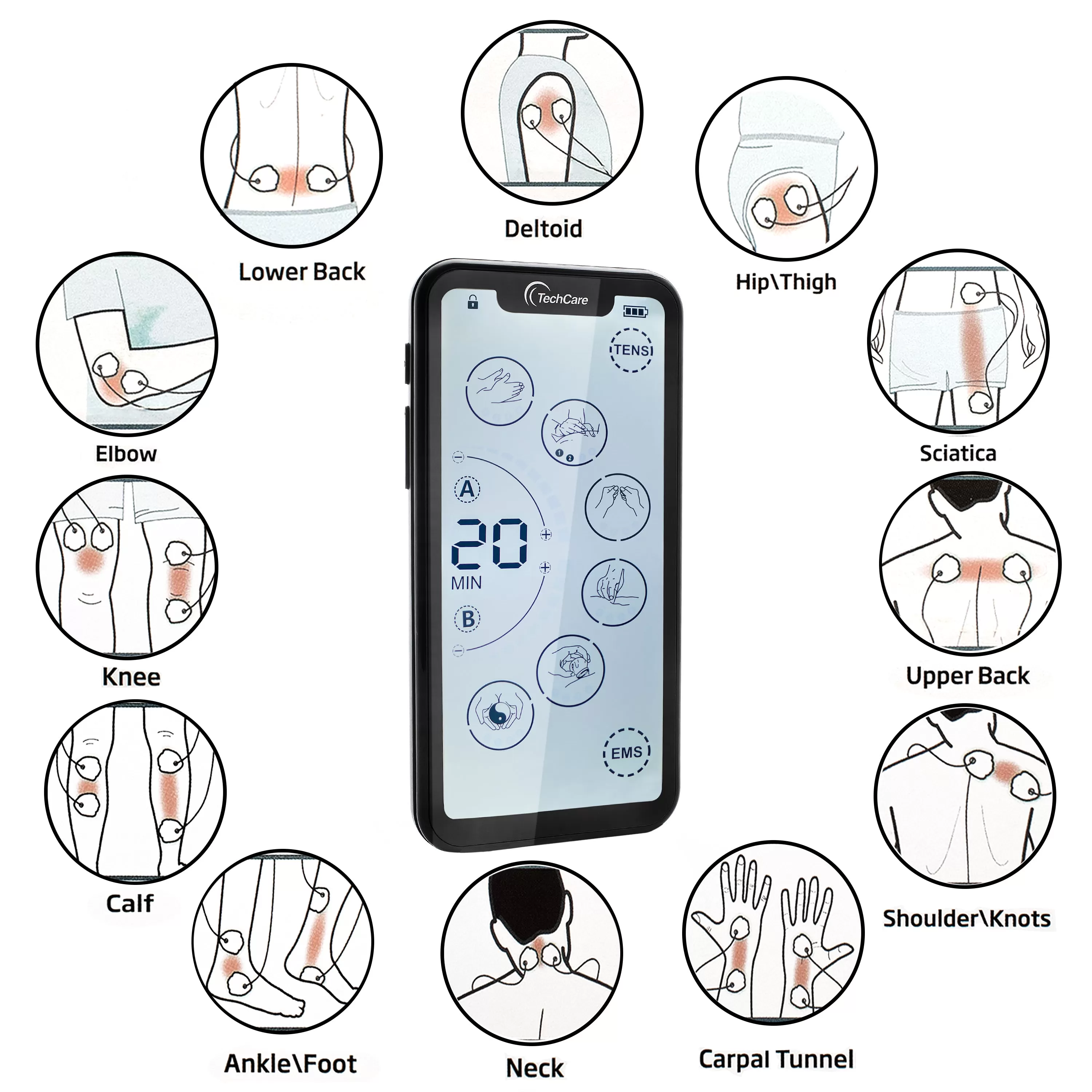 TechCare Touch X Tens Unit Muscle Stimulator [Lifetime Warranty] 24 Massage Mode Tens EMS Machine Device