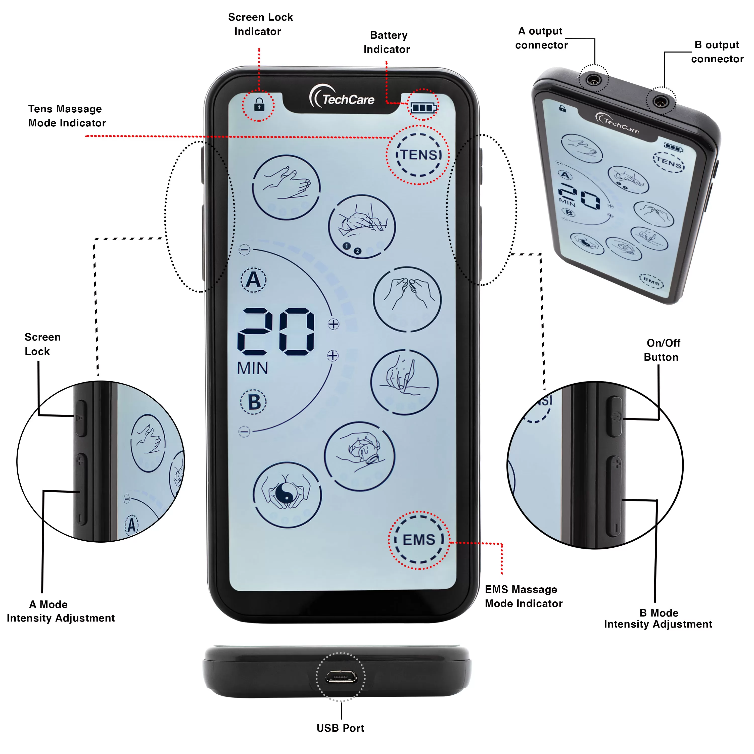 TechCare Touch X Tens Unit Muscle Stimulator [Lifetime Warranty] 24 Massage Mode Tens EMS Machine Device