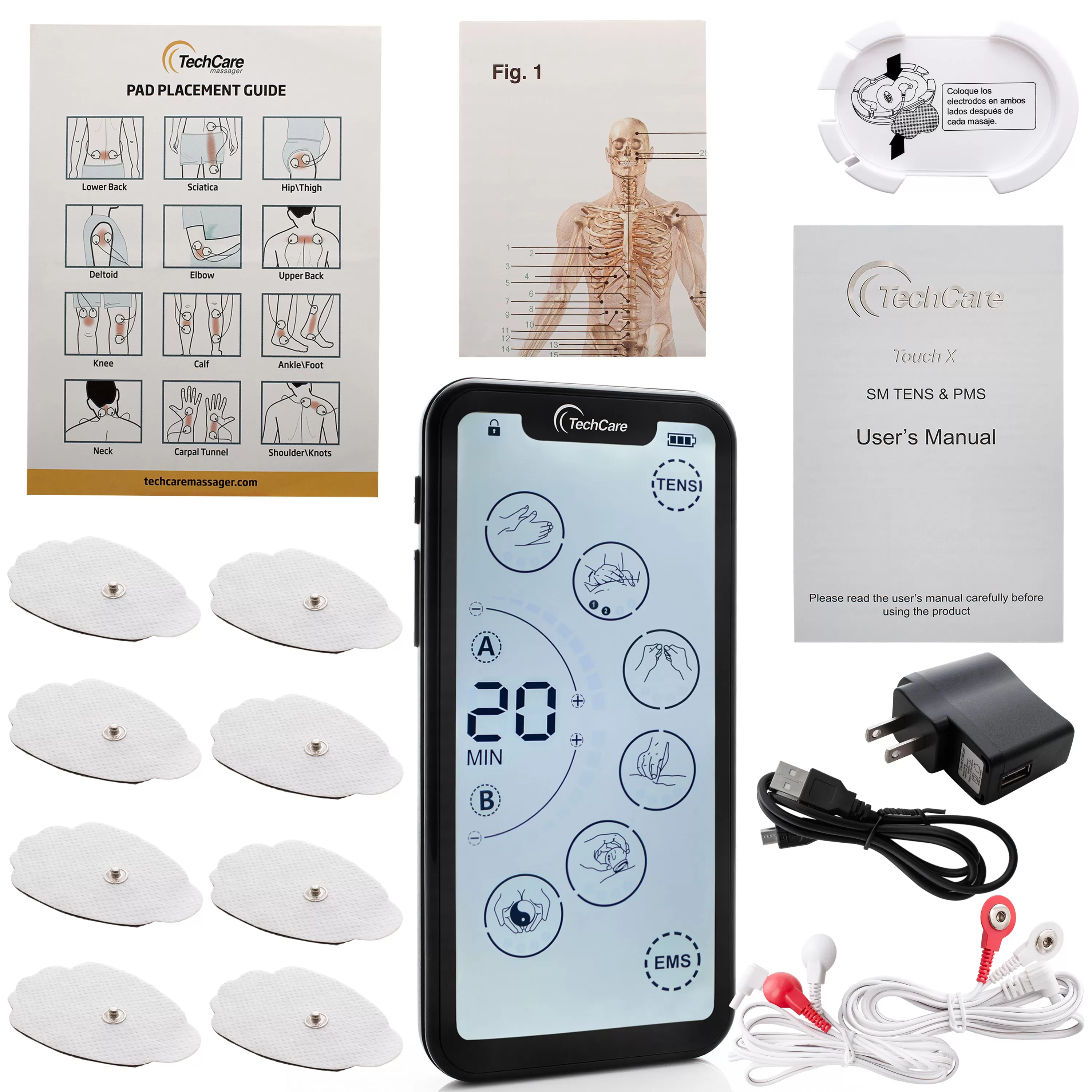 TechCare Touch X Tens Unit Muscle Stimulator [Lifetime Warranty] 24 Massage Mode Tens EMS Machine Device