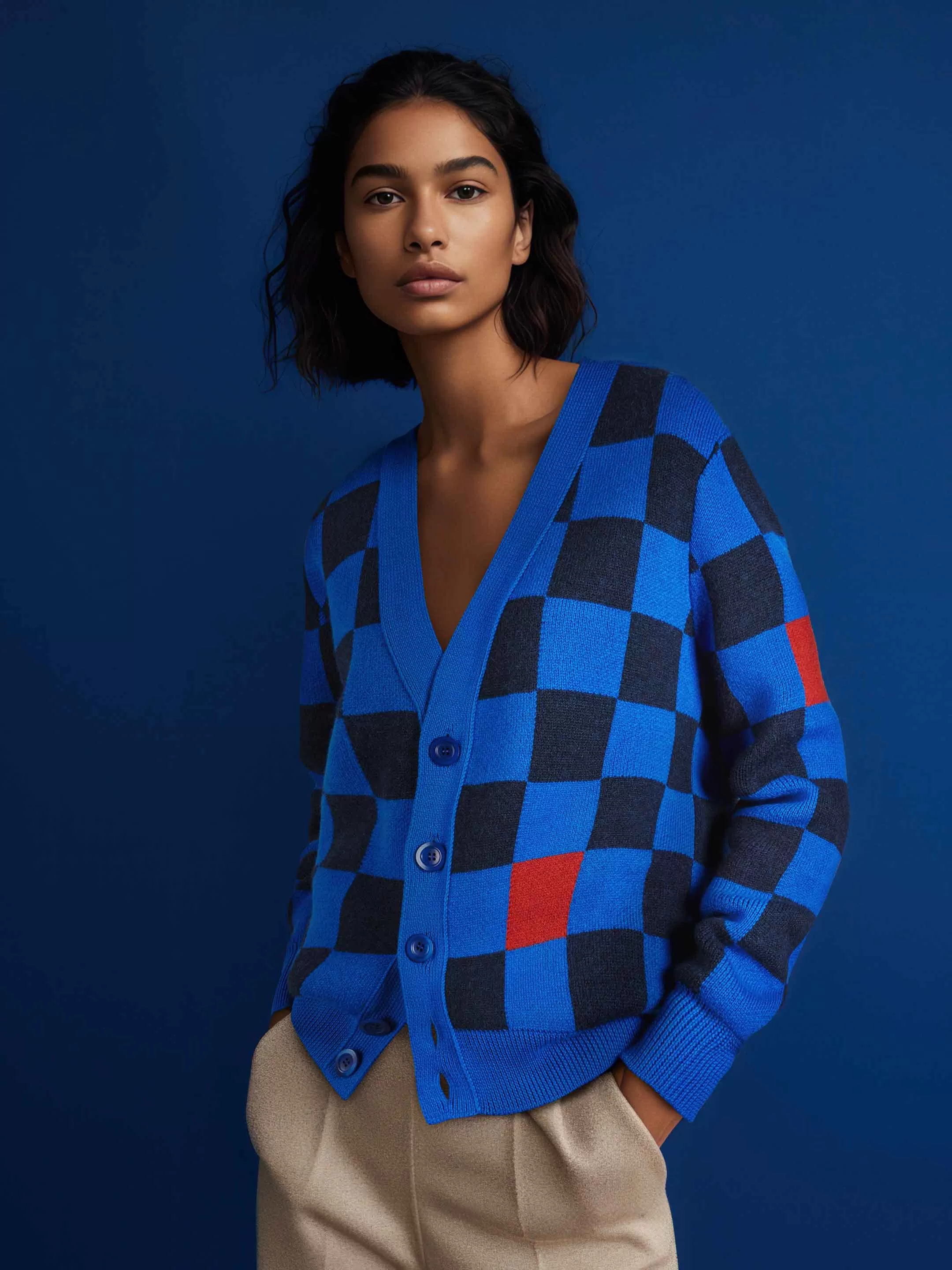 The Checkmate Cardigan - Cobalt Blue