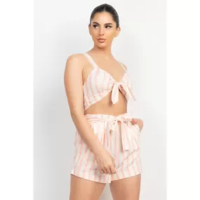 Tie-front Striped Crop Top & Belted Shorts Set