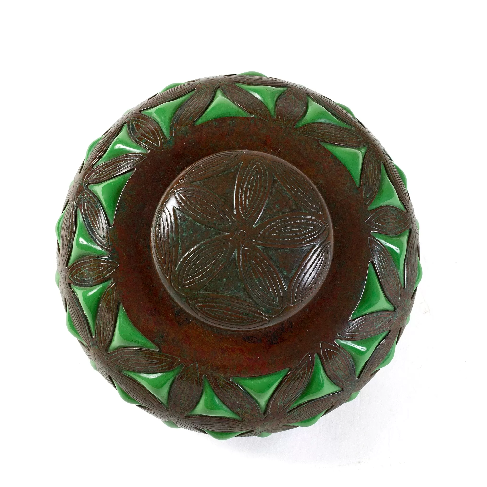 Tiffany Studios New York Bronze and Green Glass Inkwell