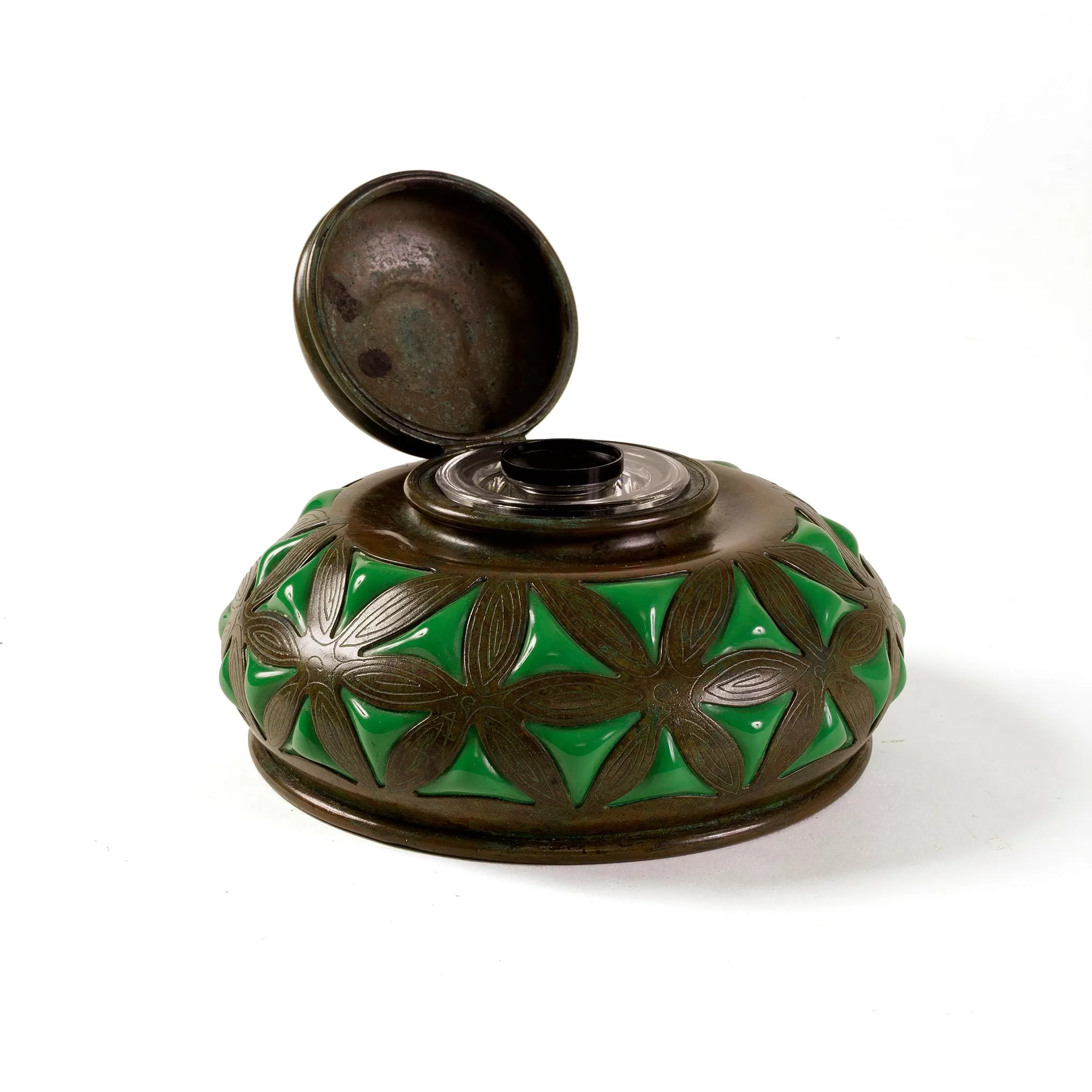 Tiffany Studios New York Bronze and Green Glass Inkwell