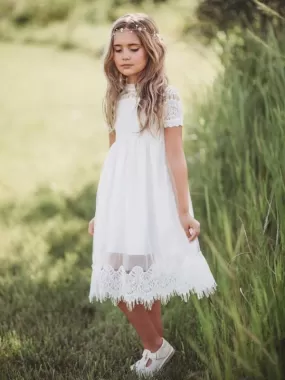 Tulle Jewel Neck Short SleevesFlower Girl Dresses A Line Kids Party Dresses