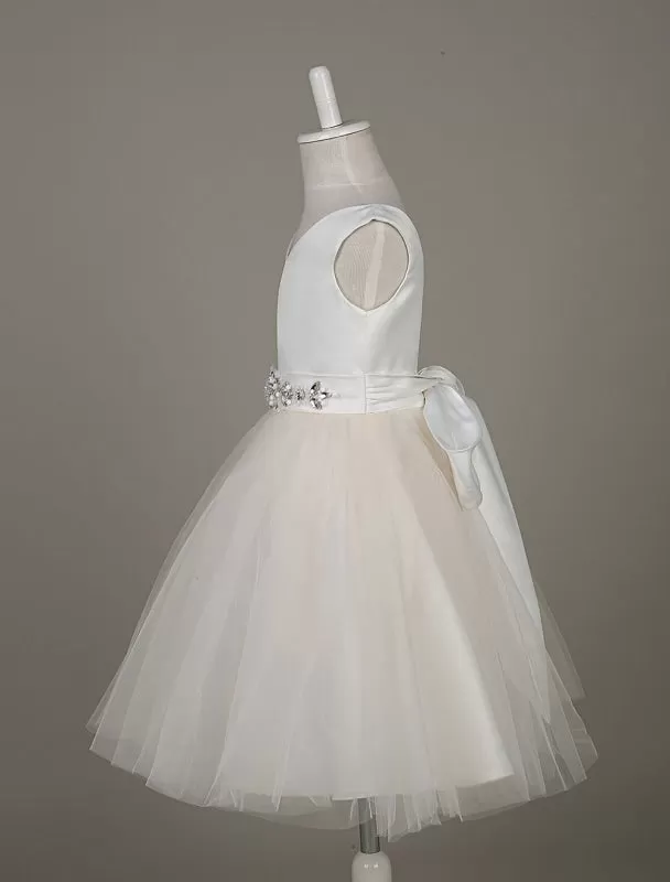 Tulle Satin V Neck Tutu Dress Ivory Beading Waist Sleeveless A Line Flower Girl Dresses With Sash