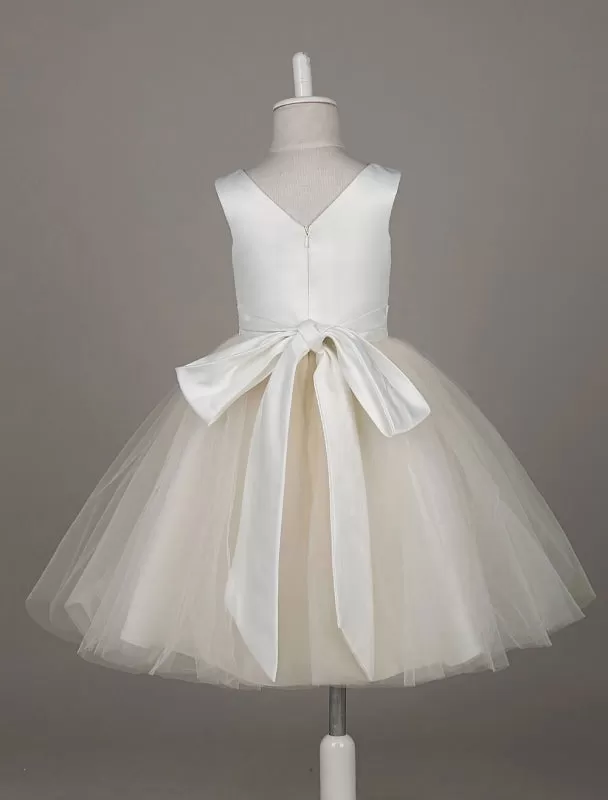 Tulle Satin V Neck Tutu Dress Ivory Beading Waist Sleeveless A Line Flower Girl Dresses With Sash