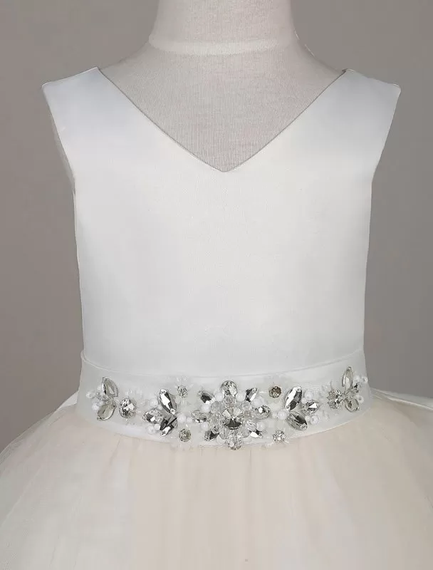 Tulle Satin V Neck Tutu Dress Ivory Beading Waist Sleeveless A Line Flower Girl Dresses With Sash