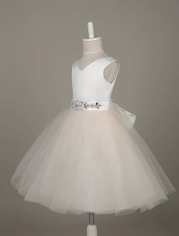 Tulle Satin V Neck Tutu Dress Ivory Beading Waist Sleeveless A Line Flower Girl Dresses With Sash