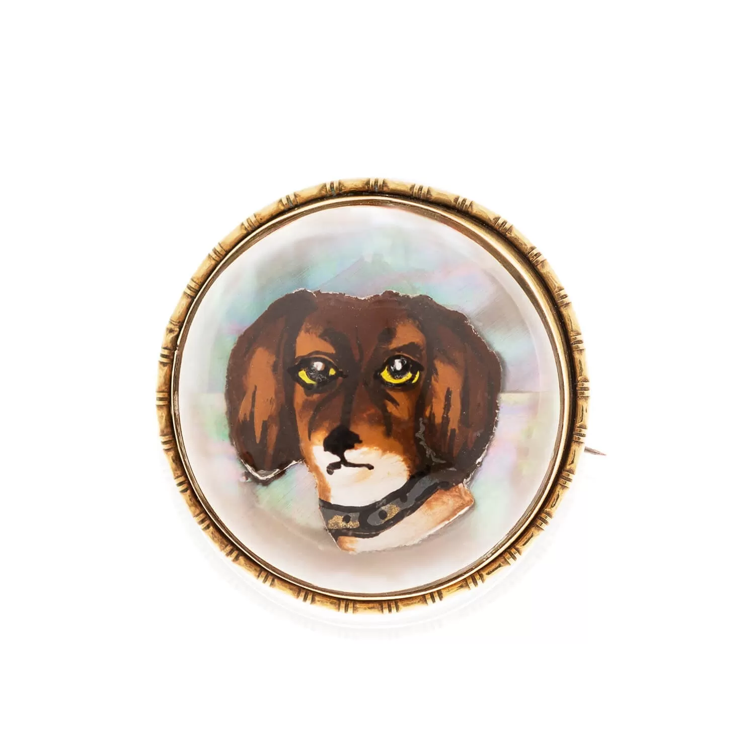 Victorian Gold-Filled   Mother of Pearl King Charles Cavalier Spaniel Essex Crystal Pin