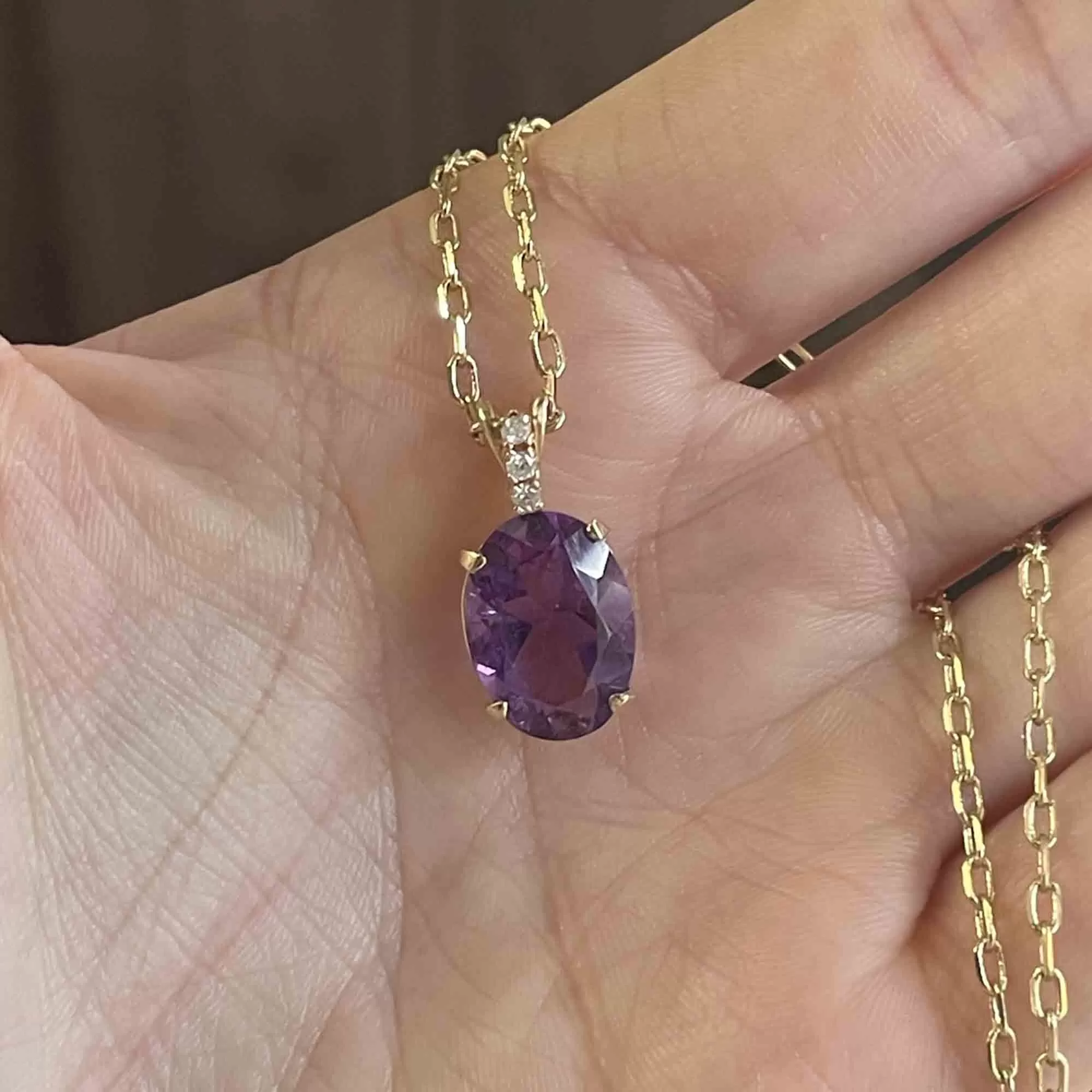 Vintage 14K Gold Diamond Amethyst Pendant Necklace