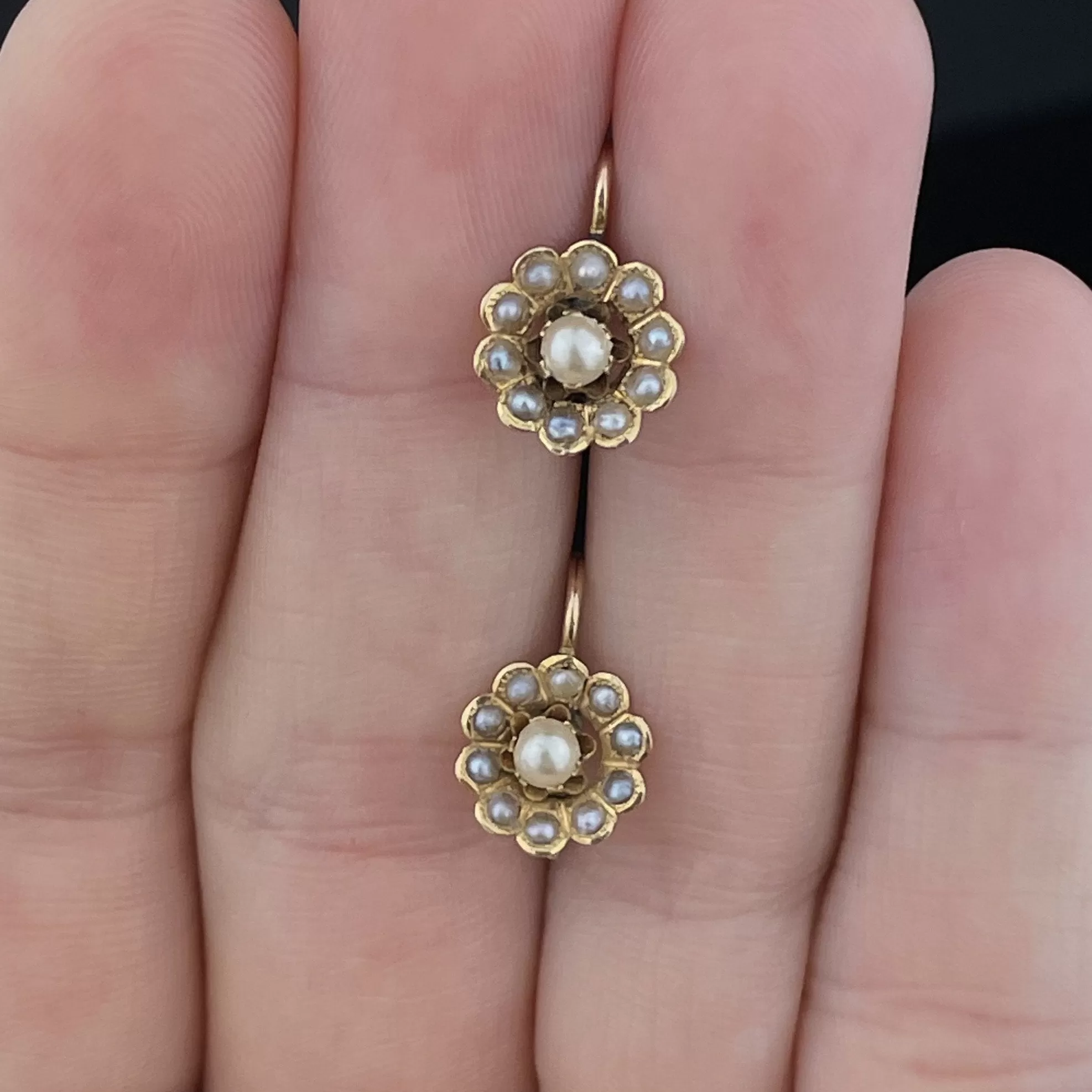 Vintage 14K Gold Pearl Daisy Cluster Earrings